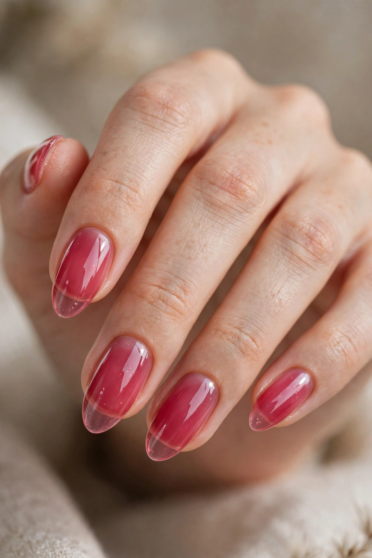 Raspberry jelly nails on elegant medium almond shaped nails