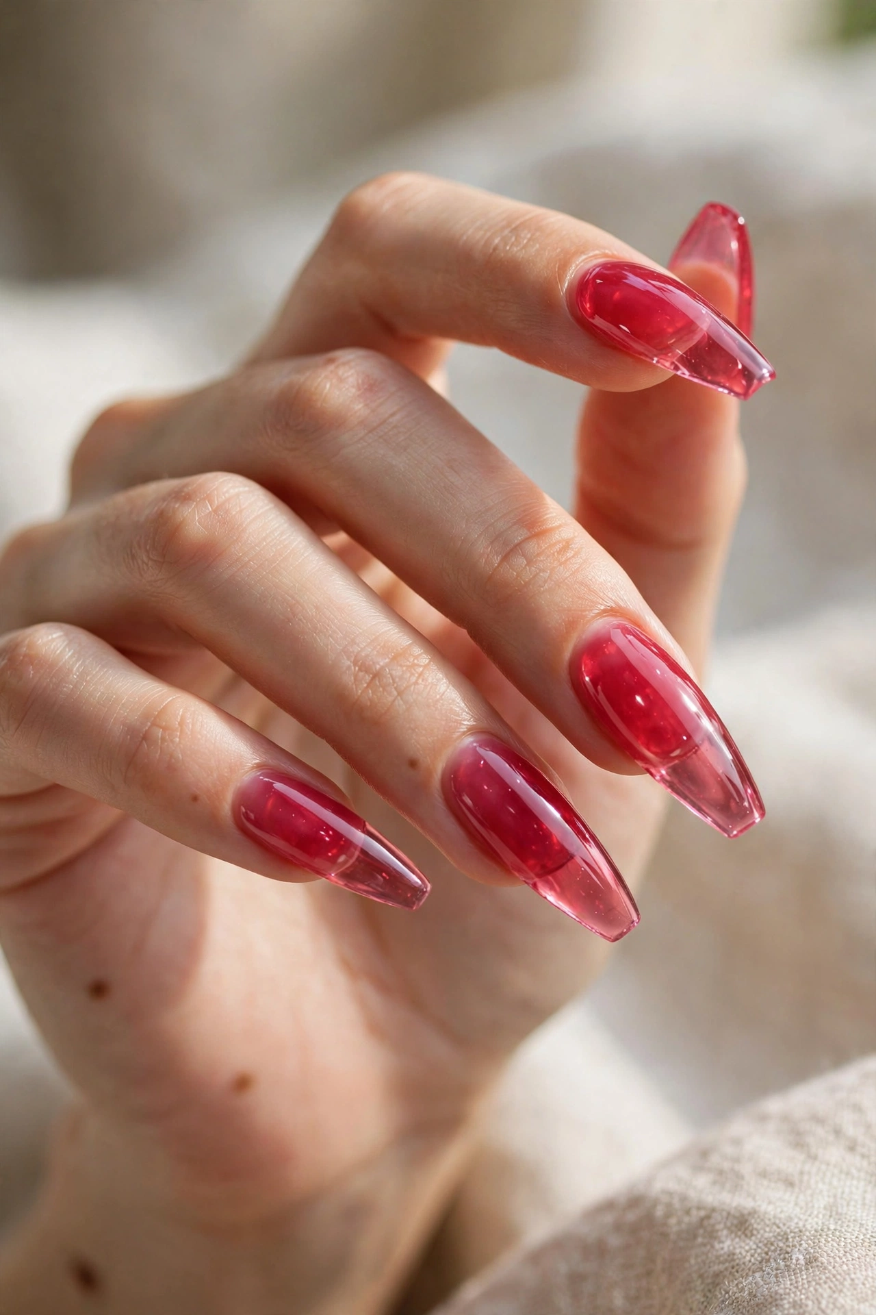 Juicy long coffin raspberry jelly nails with candy finish