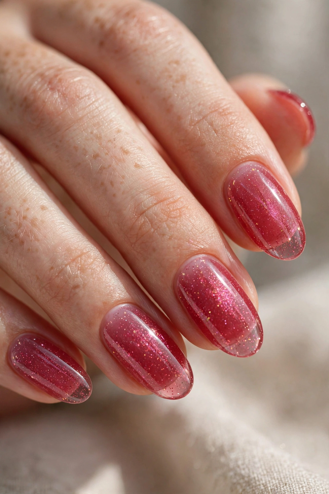Raspberry jelly nails with fine sparkling glitter