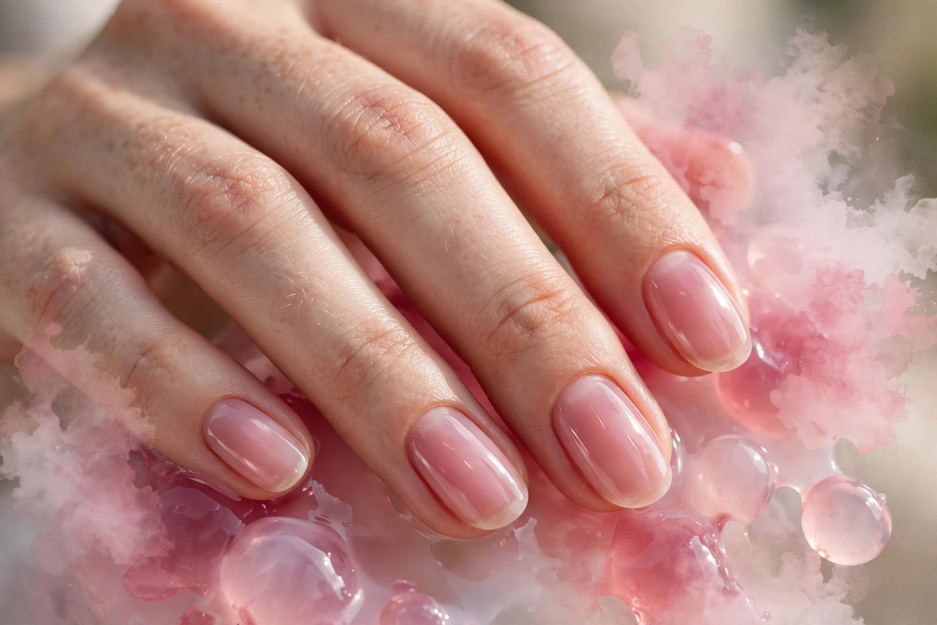 Milky raspberry jelly nails with soft cloudy berry tint
