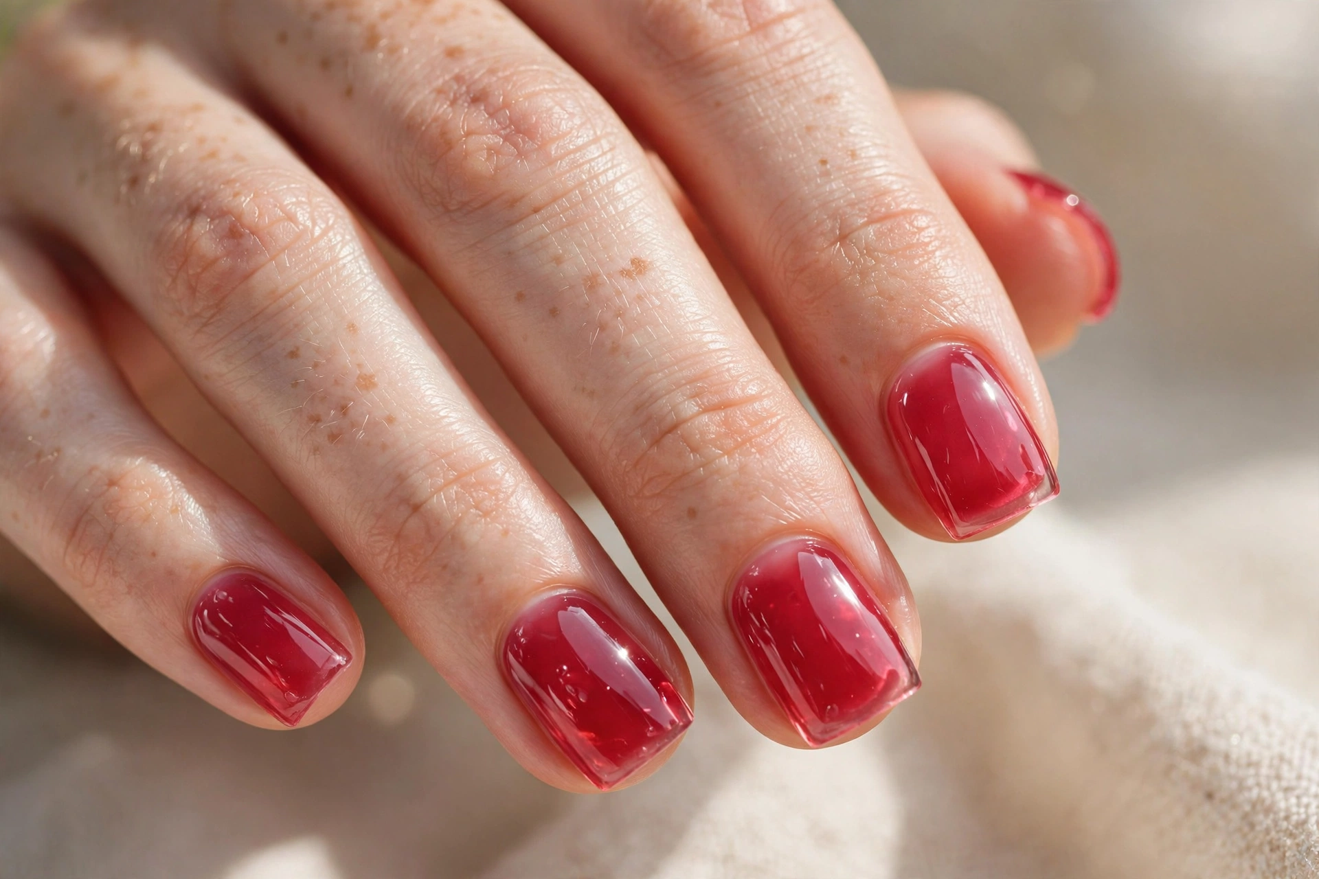 Short square raspberry jelly nails in glossy berry polish