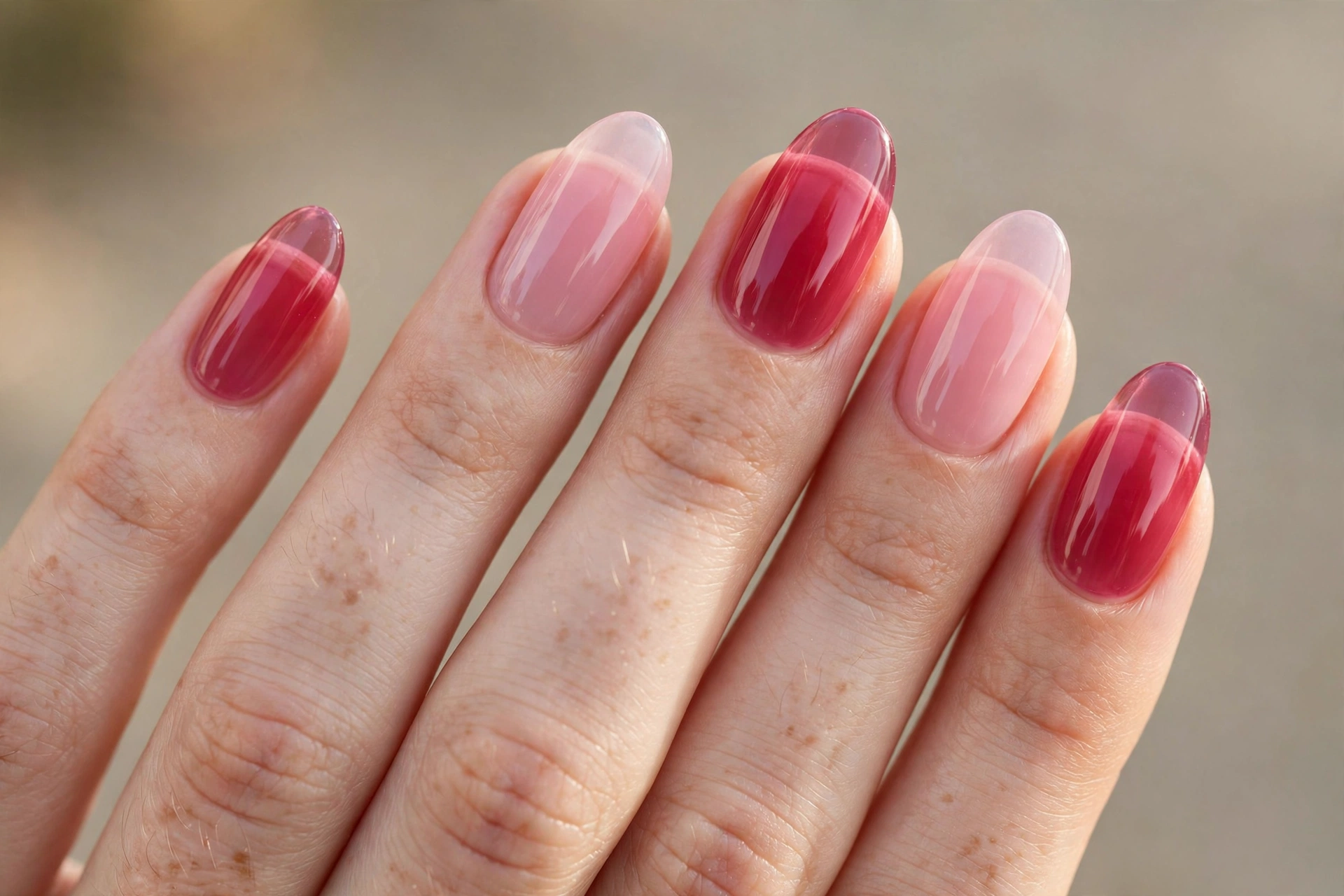 Two-tone raspberry jelly nails alternating berry and pink