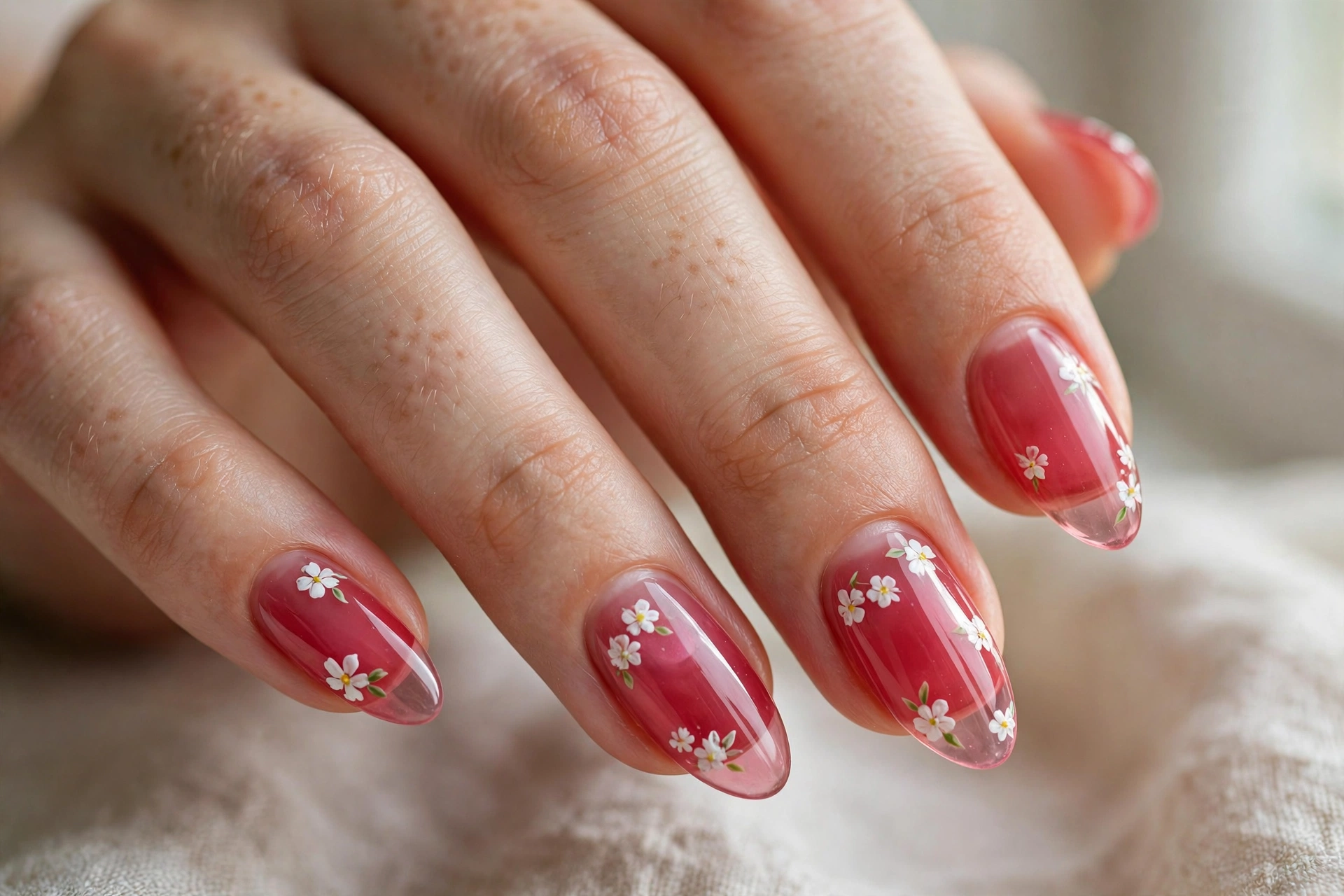 Raspberry jelly nails with delicate white floral nail art