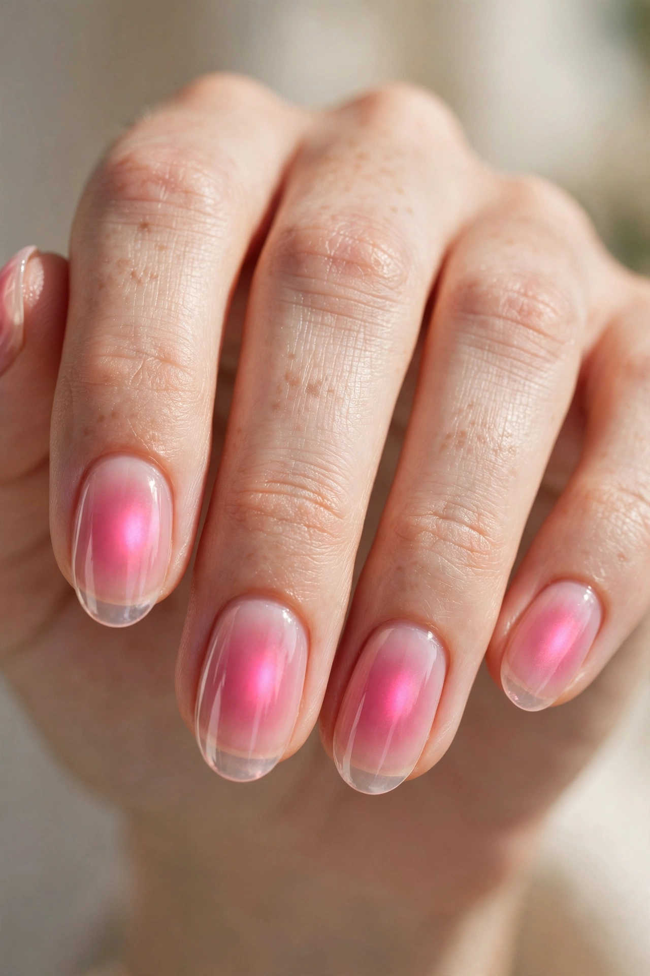 Aura raspberry jelly nails with glowing pink center