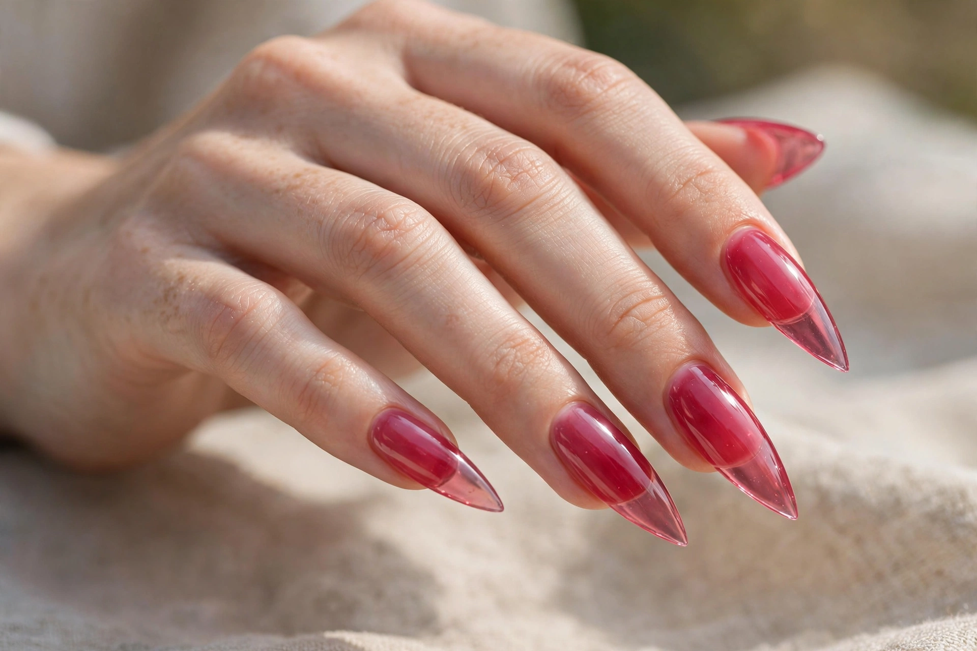 Long stiletto raspberry jelly nails in glossy berry