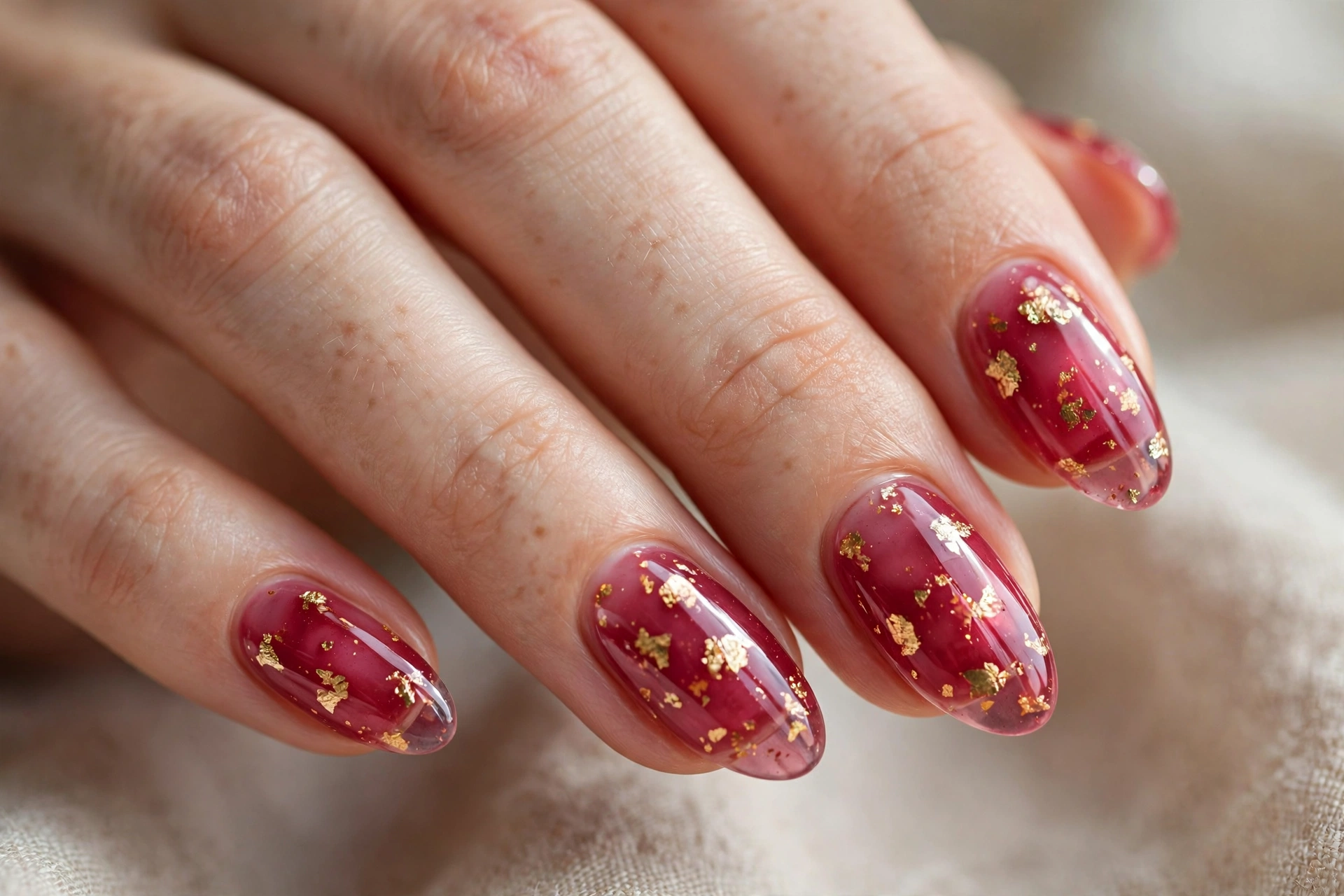 Raspberry jelly nails with gold foil accents