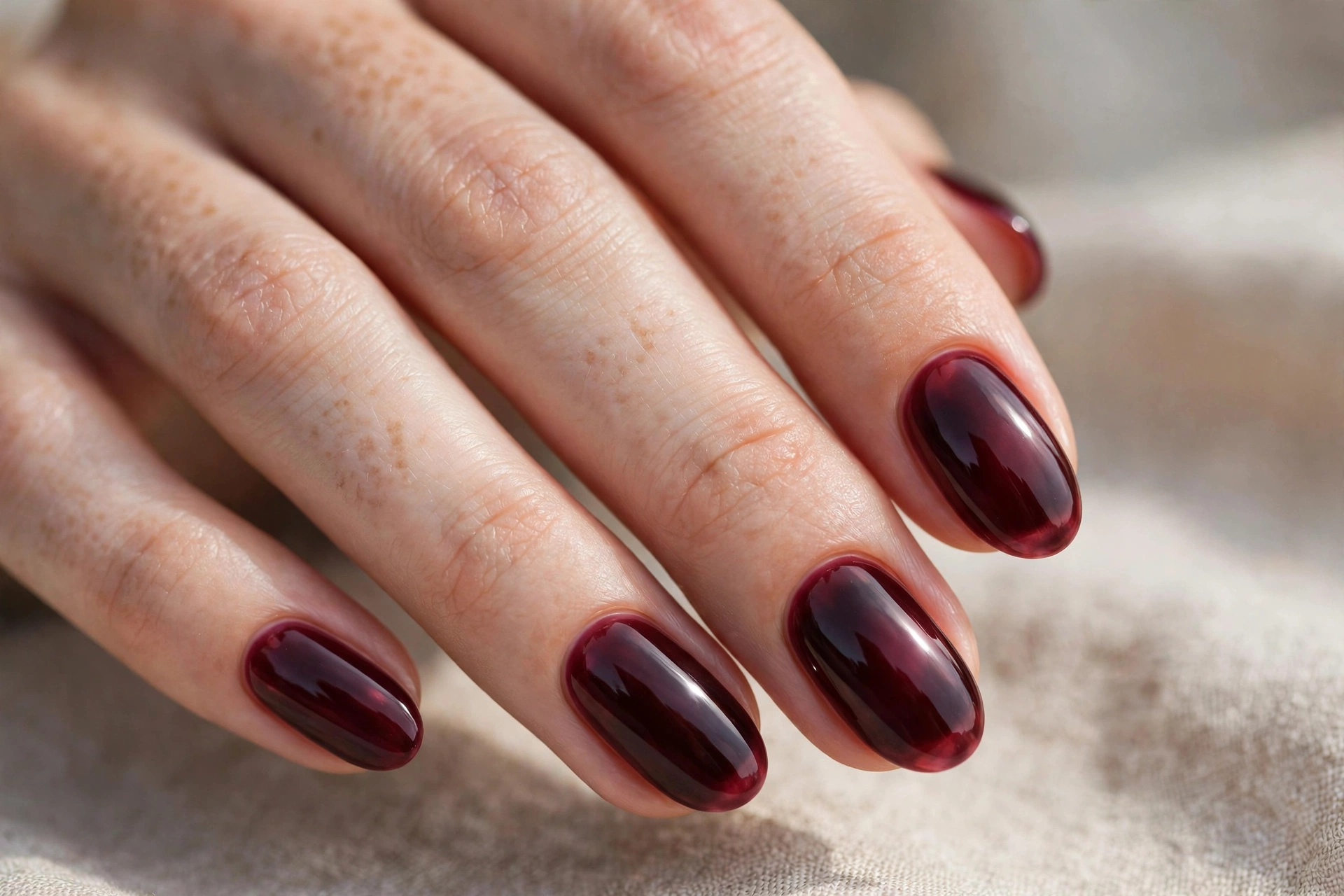 Dark cherry raspberry jelly nails in deep translucent berry