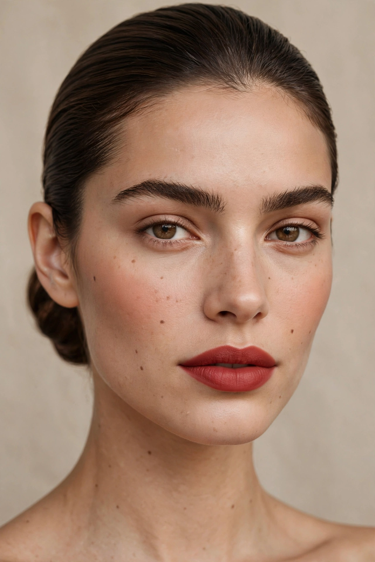 Classic matte red lip makeup look on a model with neutral skin and soft contouring