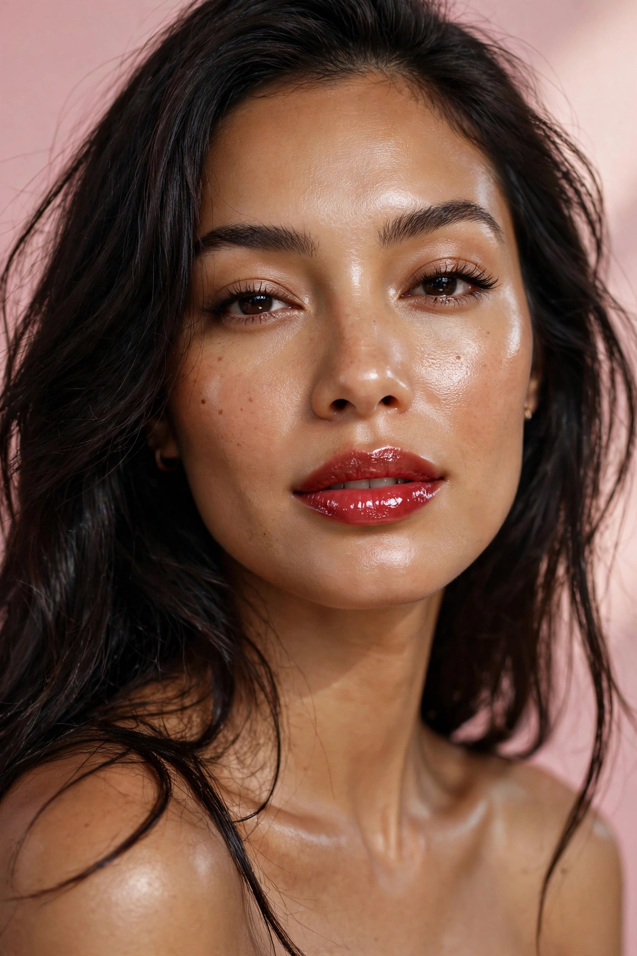 Glossy cherry red lip makeup look with high shine finish on a model with dewy skin