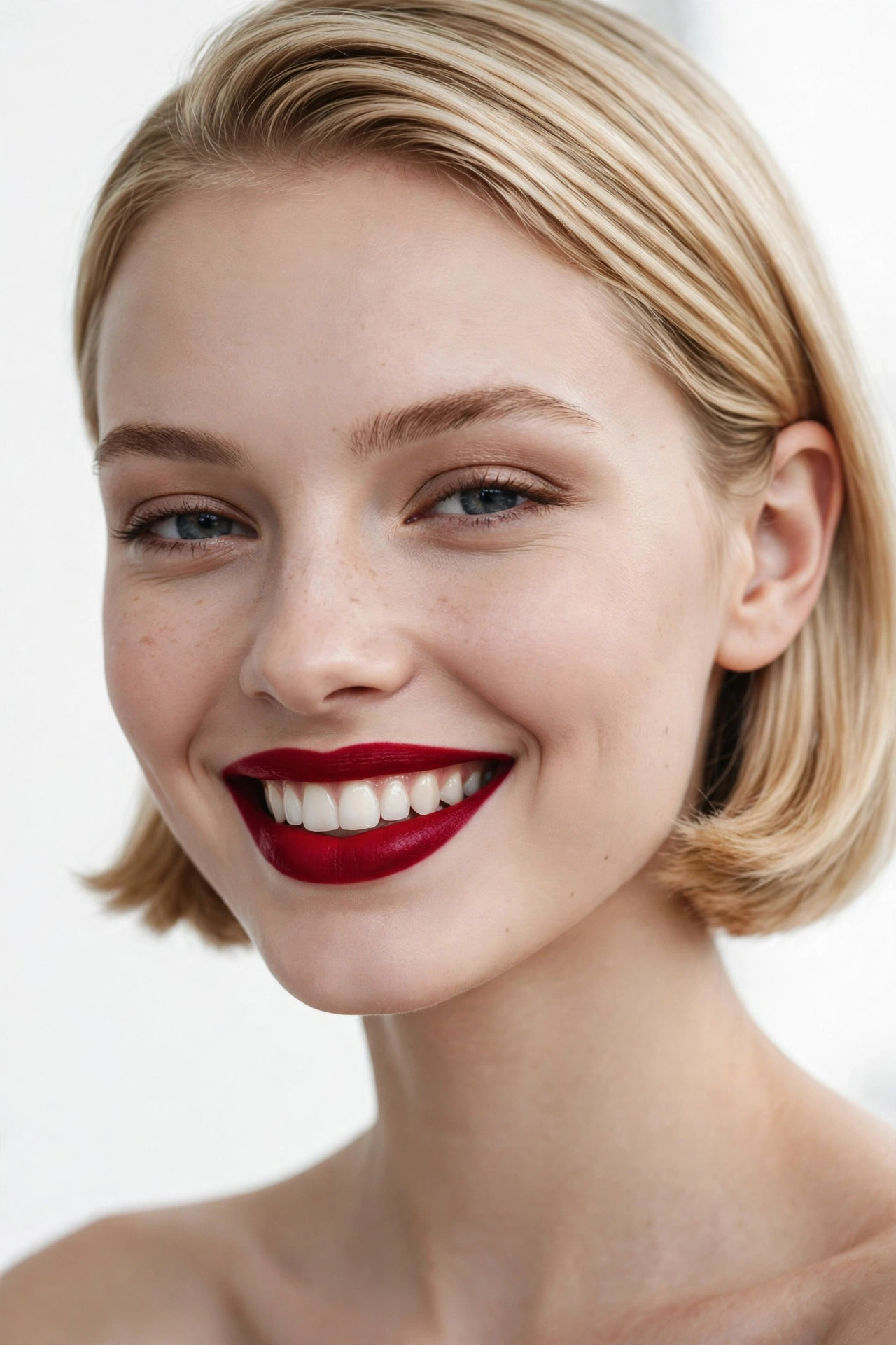 Blue undertone red lip makeup look that makes teeth appear whiter on a smiling model