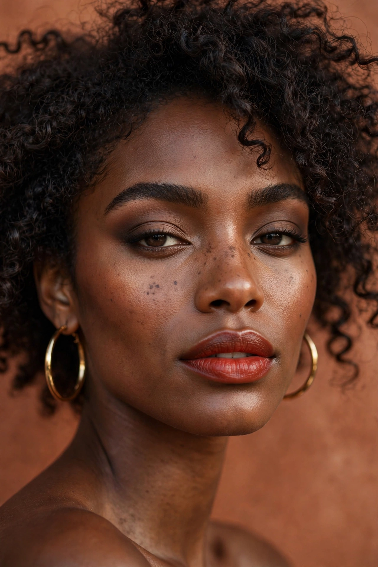 Warm brick red lip makeup look with bronzed cheeks on a model with warm undertones