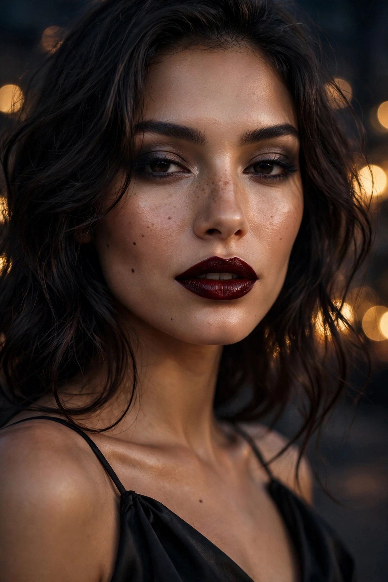 Deep oxblood red lip makeup look for evening with dark wine shade on a model