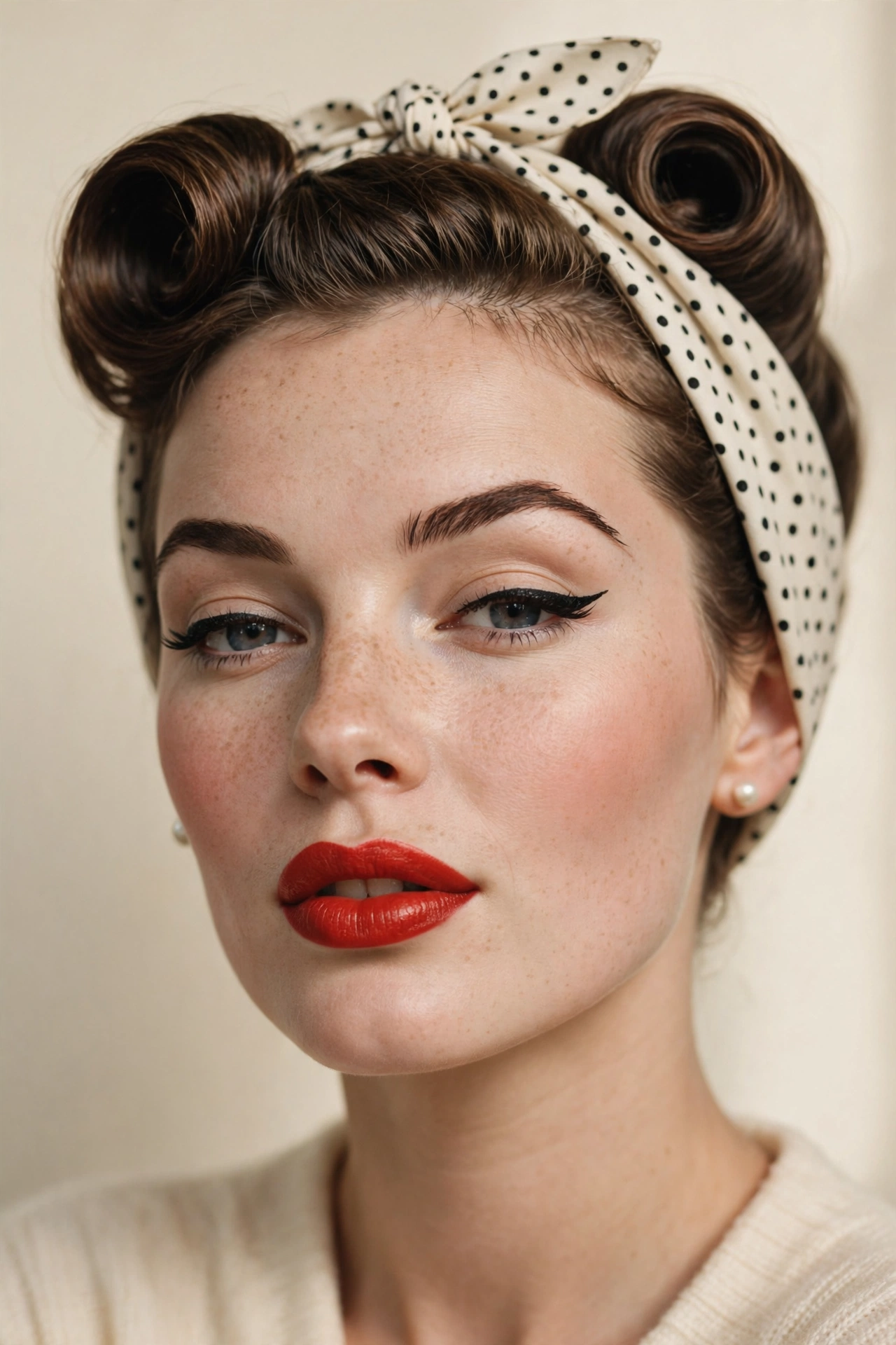 Retro pinup red lip makeup look with winged eyeliner and vintage styling