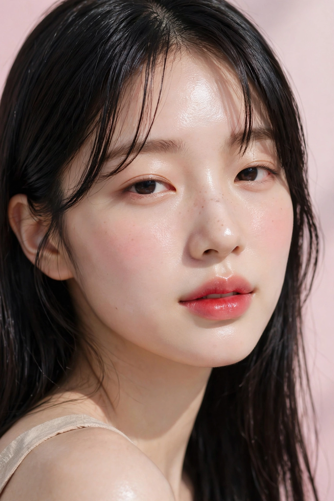 Blurred Korean gradient red lip makeup look with soft diffused edges on a young model