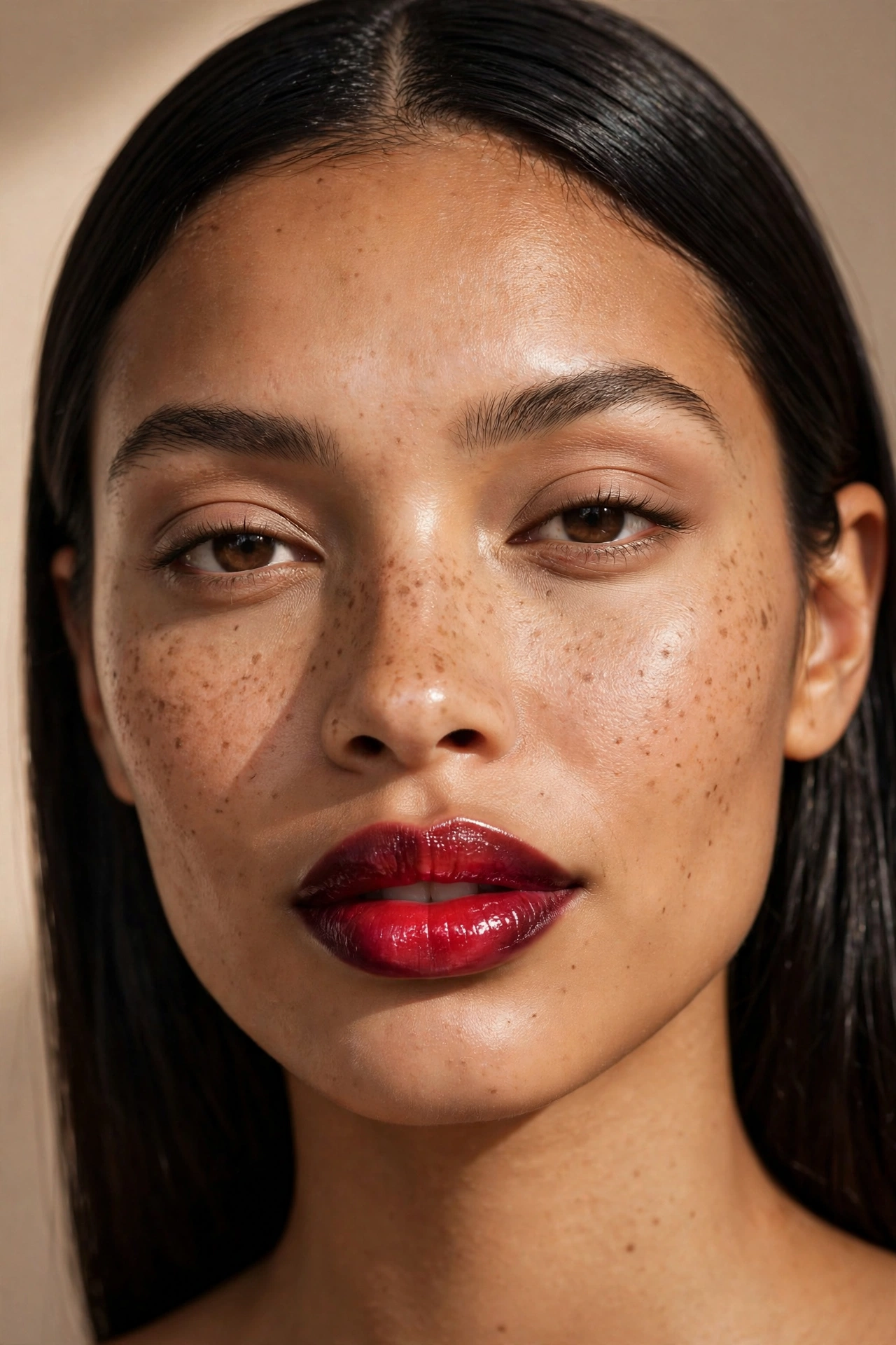 Ombre red lip makeup look with dark edges fading to a bright red center