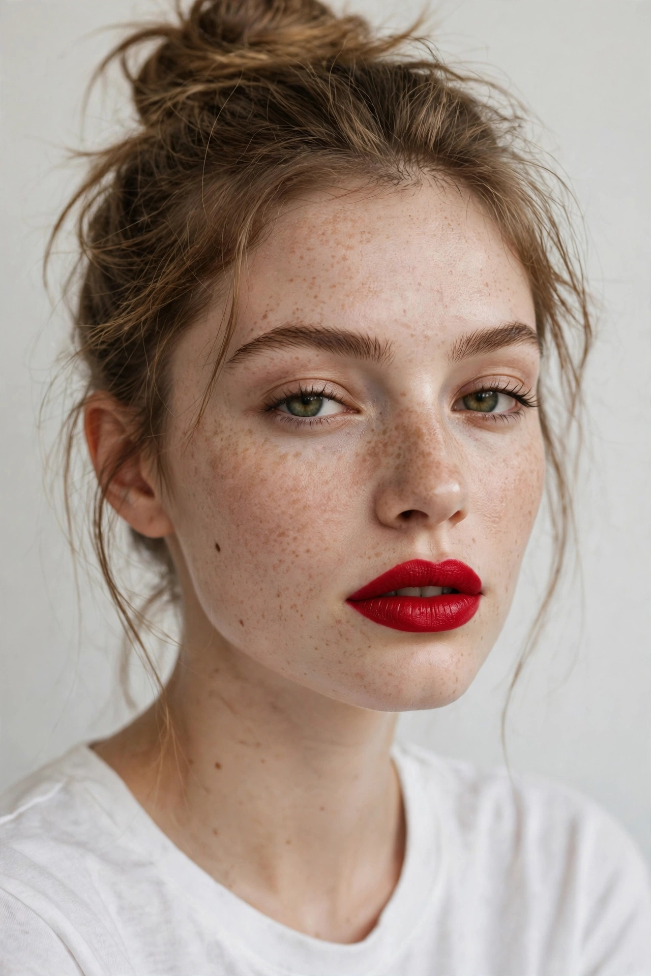 Red lip with bare minimal face makeup look featuring natural skin and bold lips