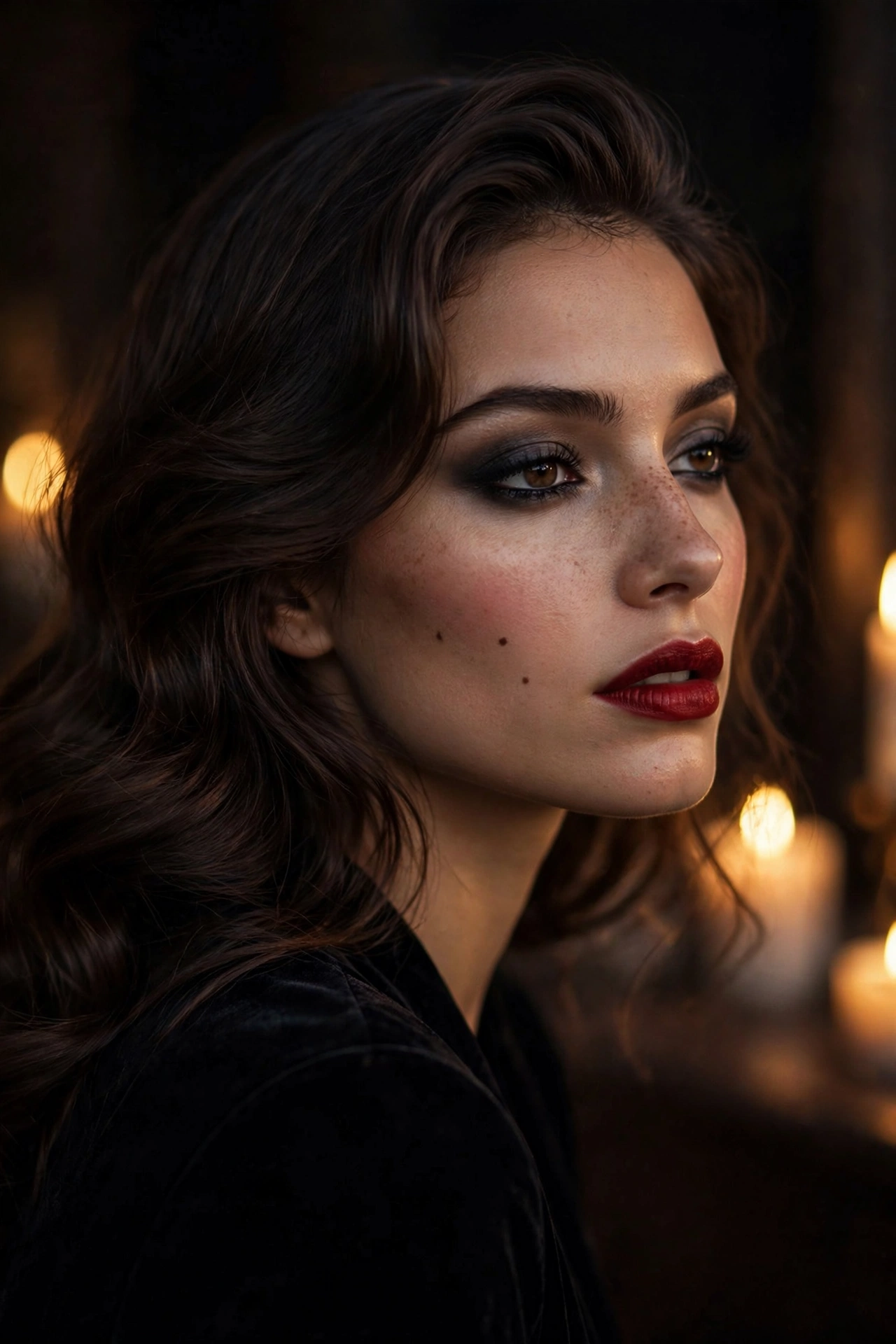 Red lip paired with dramatic smokey eye makeup look for a bold evening glam