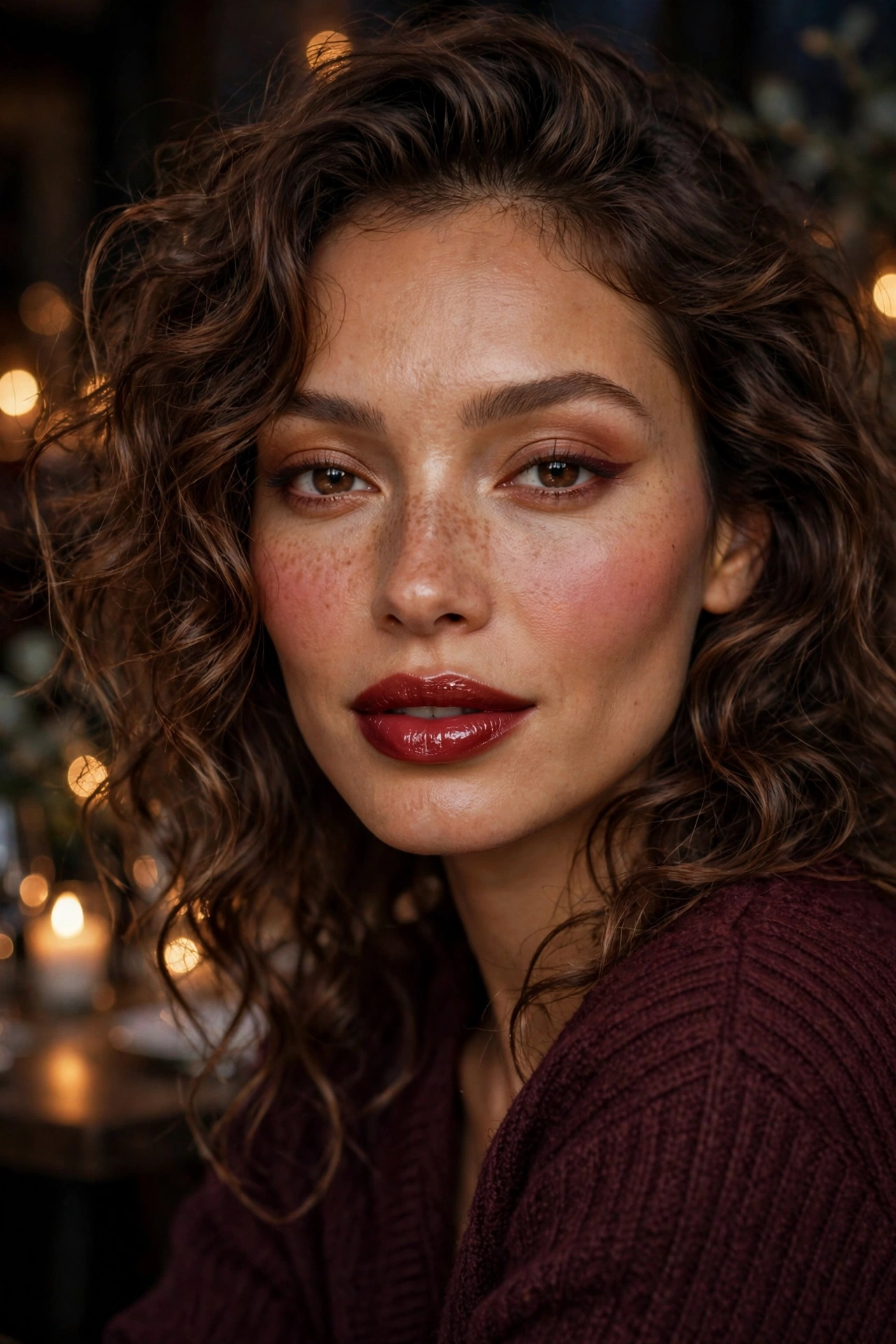 Cherry wine red lip makeup look with rich cocktail-inspired shade on a model at evening