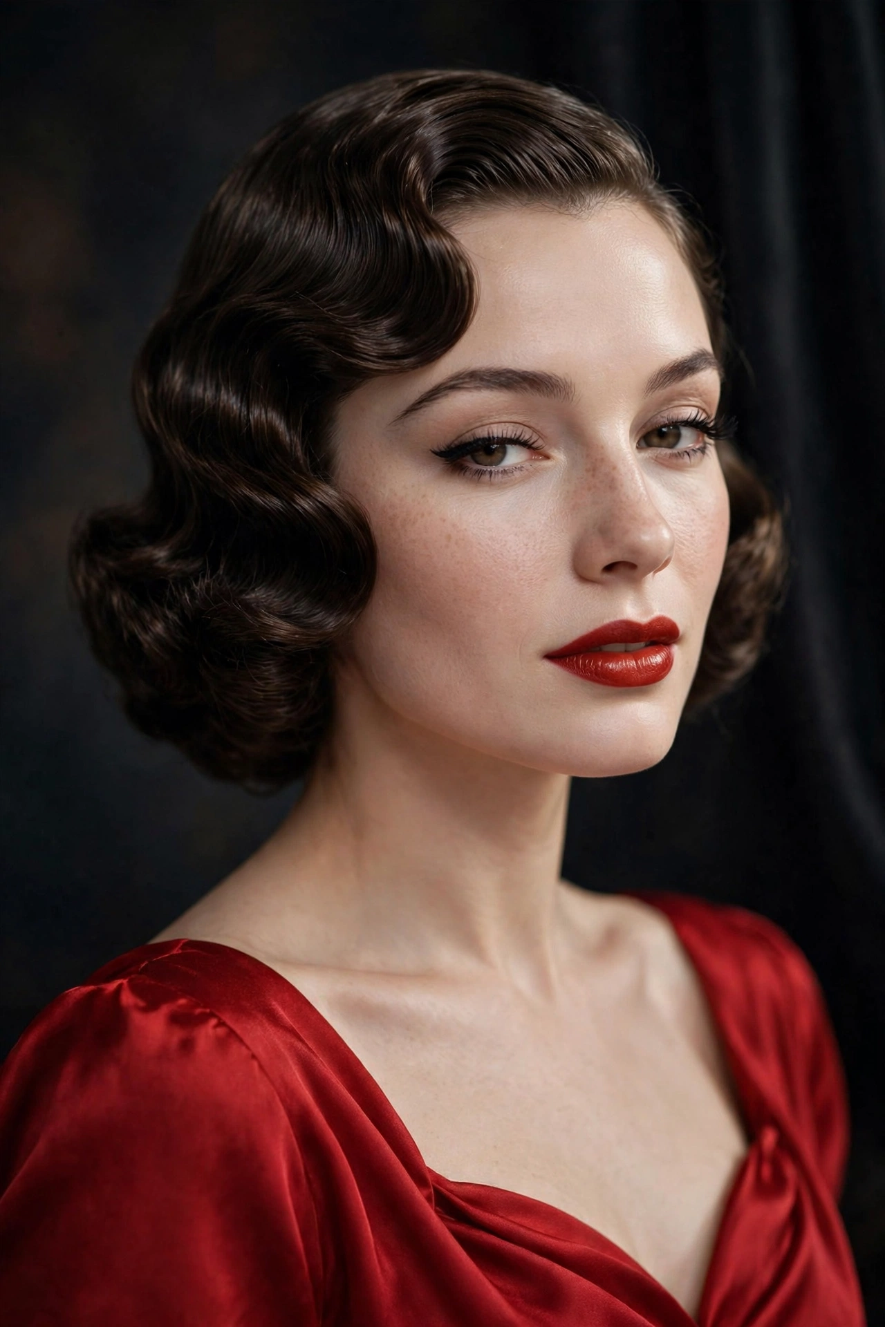 Old Hollywood glamour red lip makeup look with finger waves and classic styling
