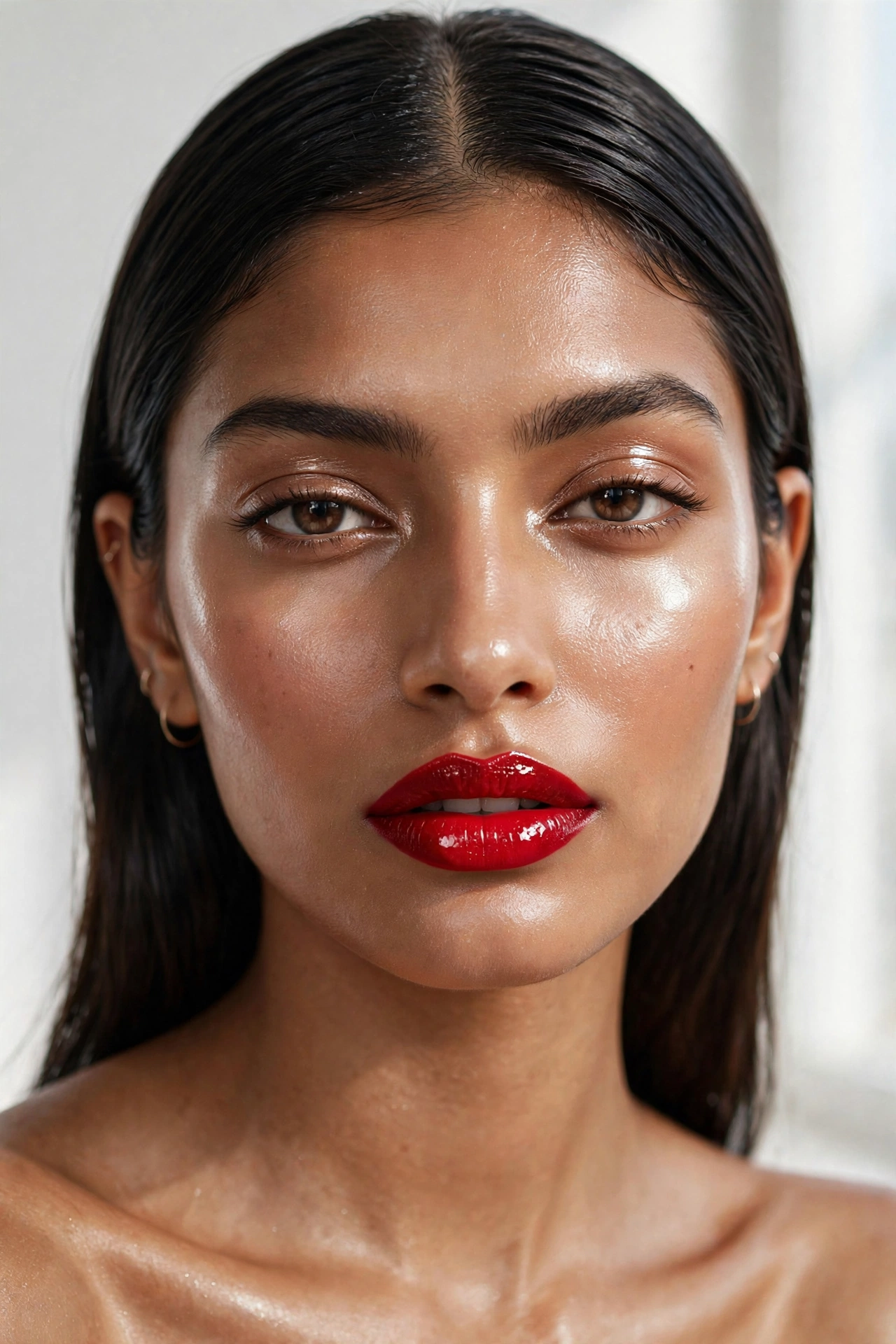 Red lip with dewy glowing skin makeup look featuring fresh luminous complexion
