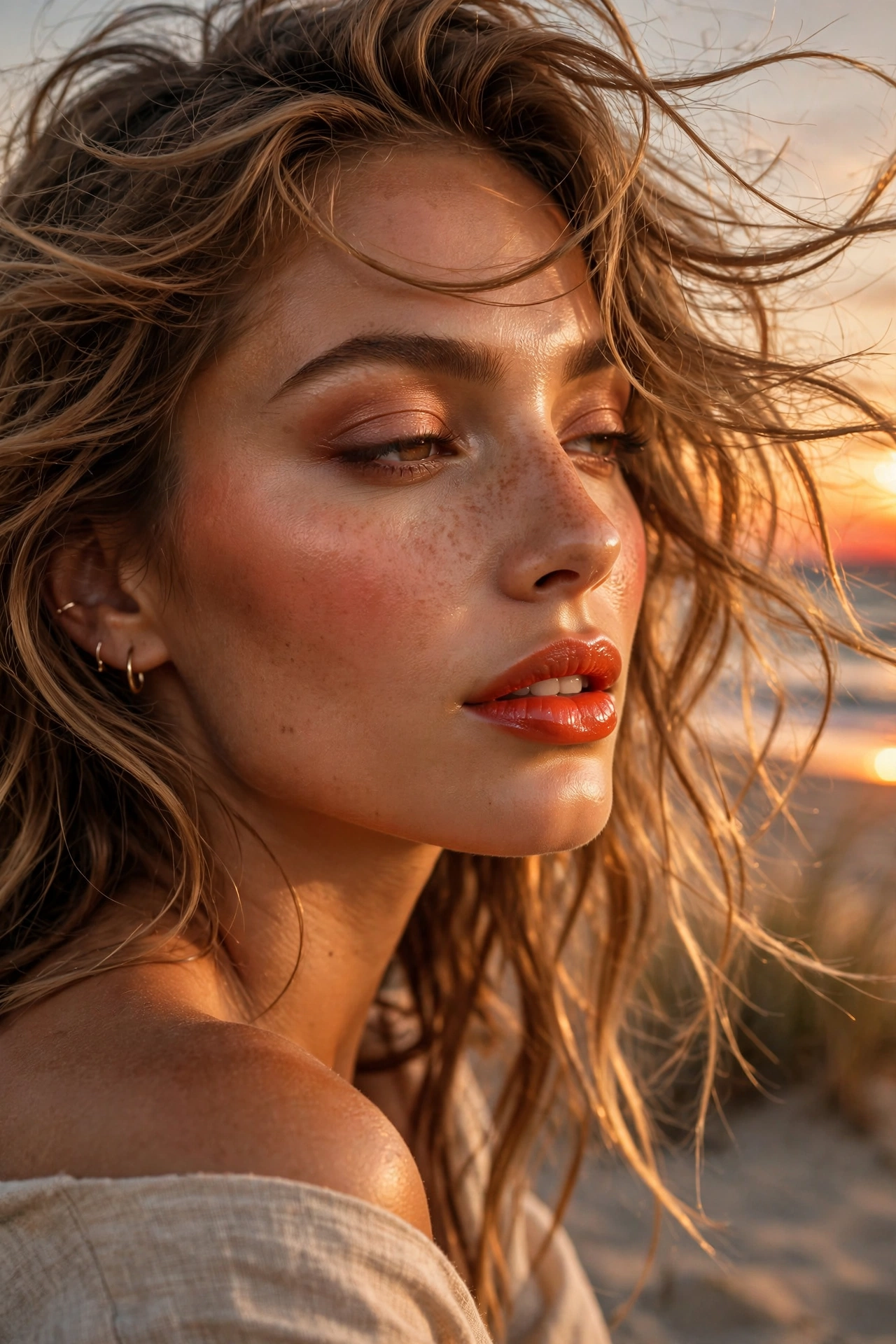 Sunset orange red lip makeup look with warm coral red shade on a model with bronzed skin