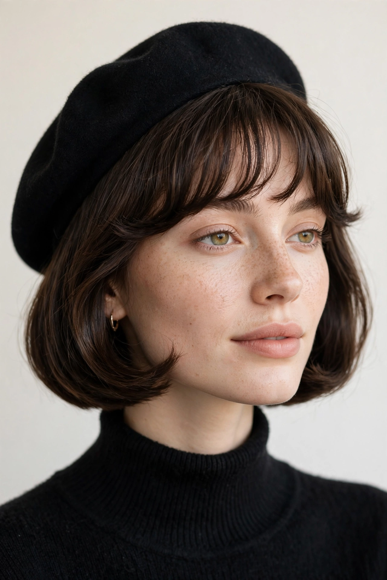 Classic French bob haircut with wispy bangs