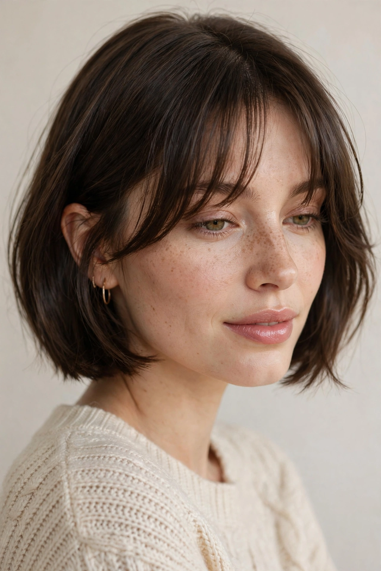 Short bob haircut with curtain bangs