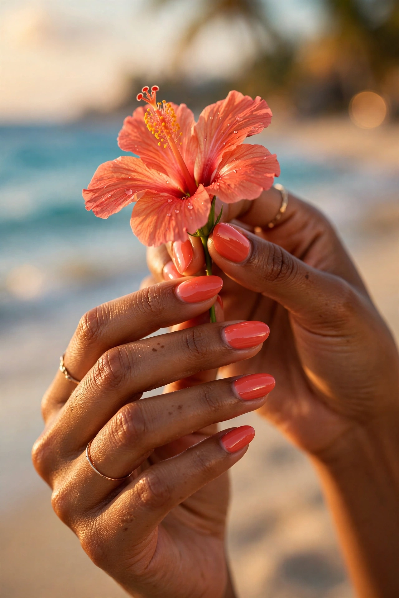 Hot coral summer nail designs on almond-shaped nails, bright pink-orange manicure