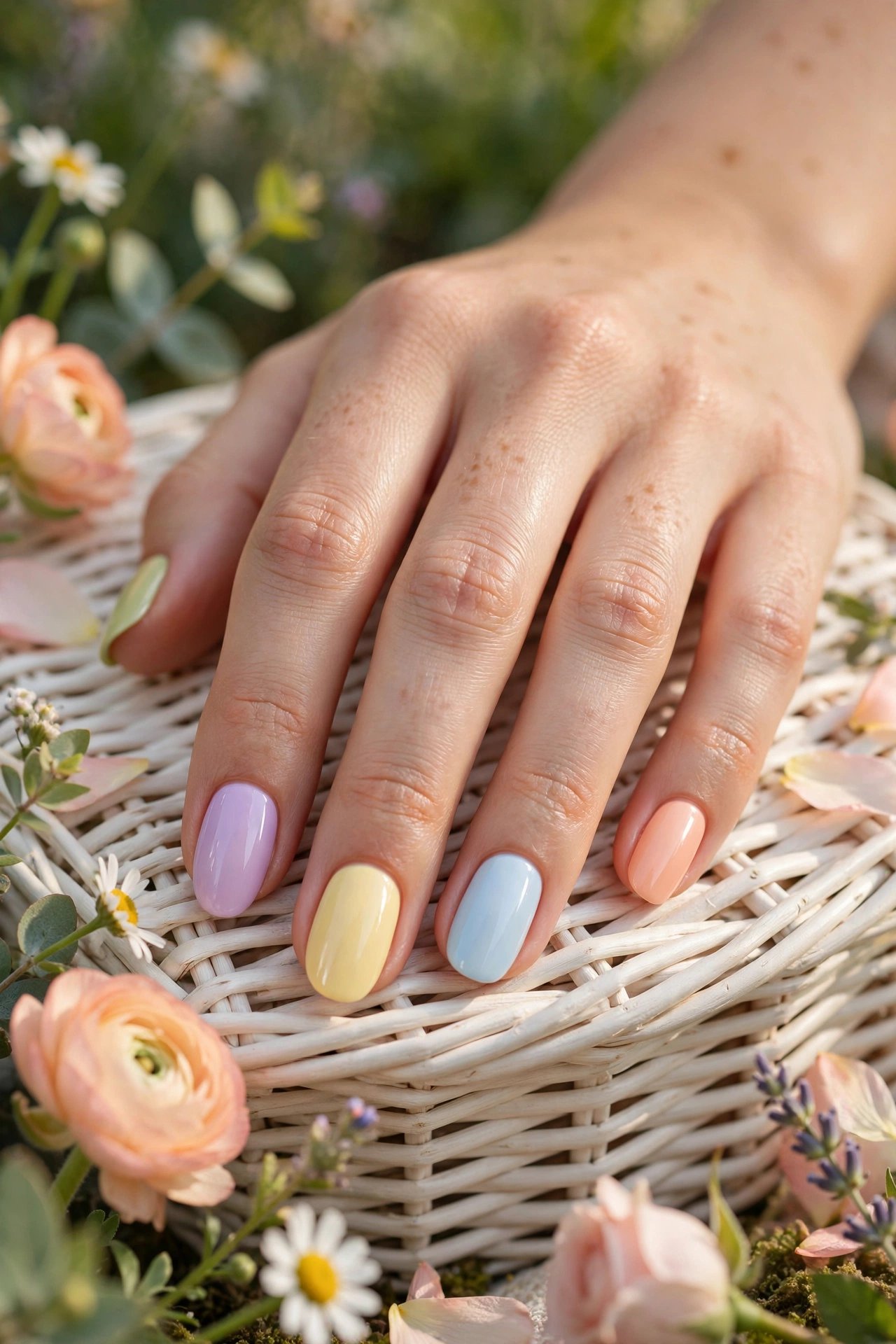 Sorbet pastel rainbow summer nail designs, each nail a different pastel shade