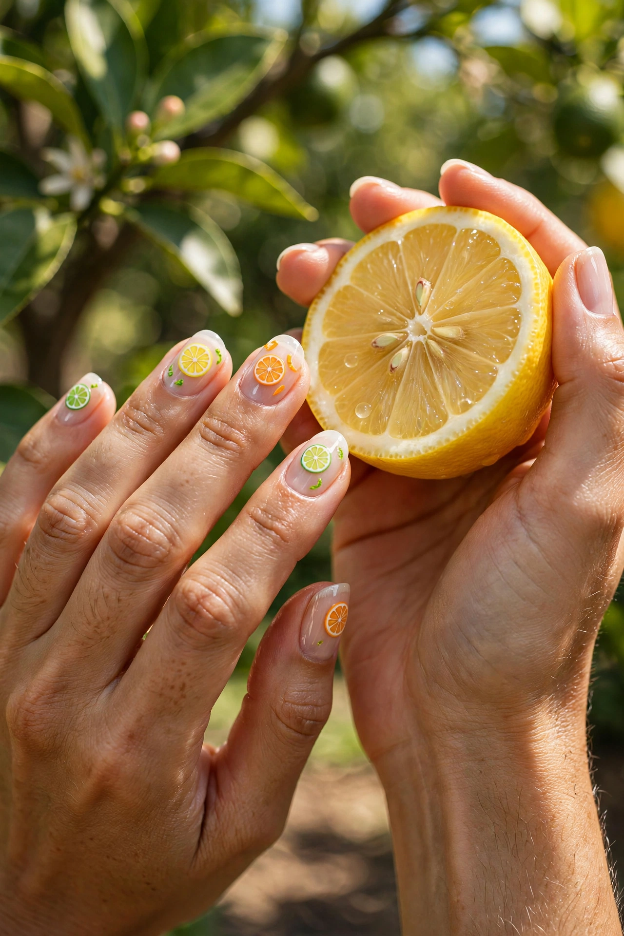Citrus fruit slice summer nail designs, lemon and orange nail art on glossy base