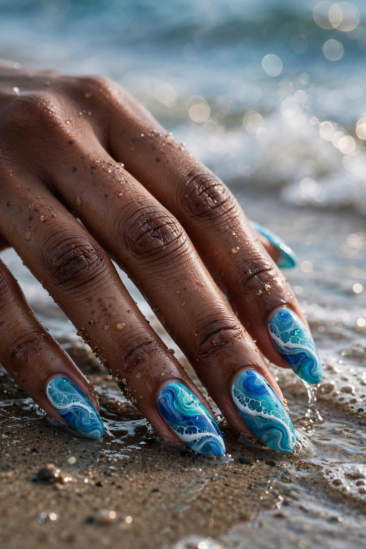 Ocean wave blue summer nail designs, swirling turquoise and deep blue marble nails