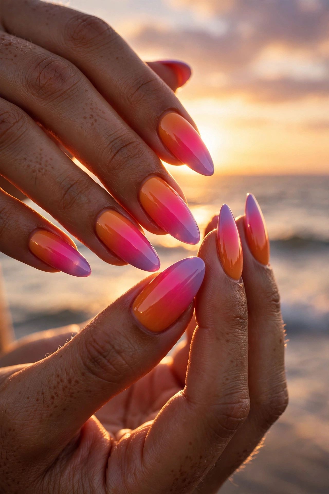Sunset ombré summer nail designs, pink orange and purple gradient manicure