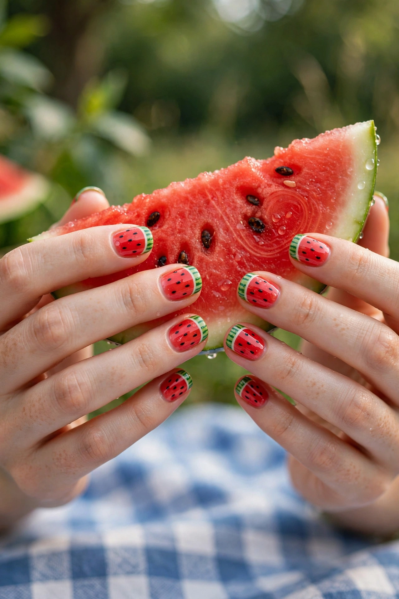 Watermelon nail art summer nail designs, red and green fruit manicure