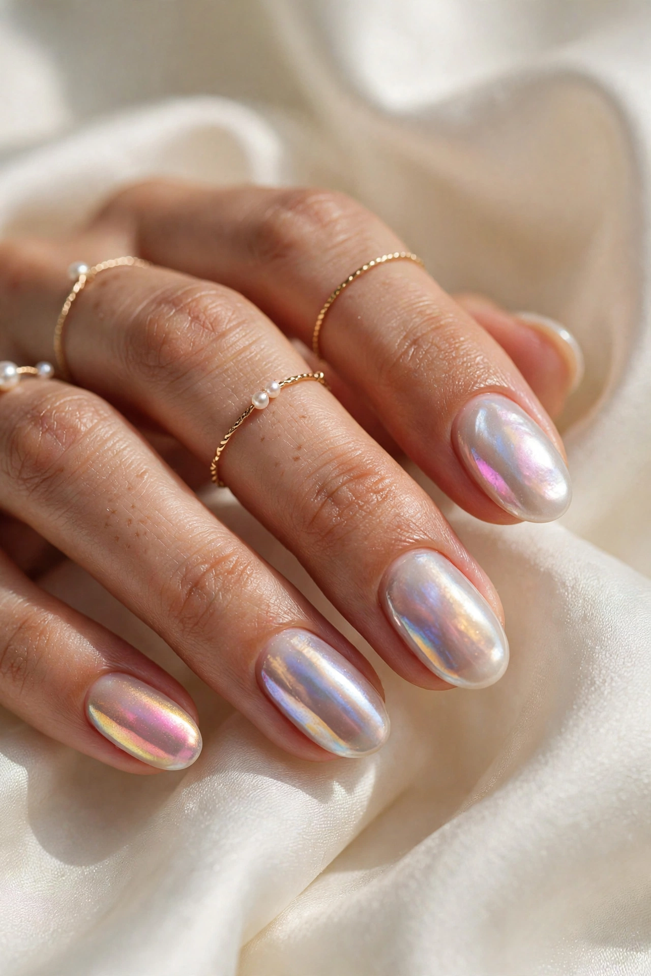 Pearl chrome summer nail designs, iridescent glazed donut nails in sunlight