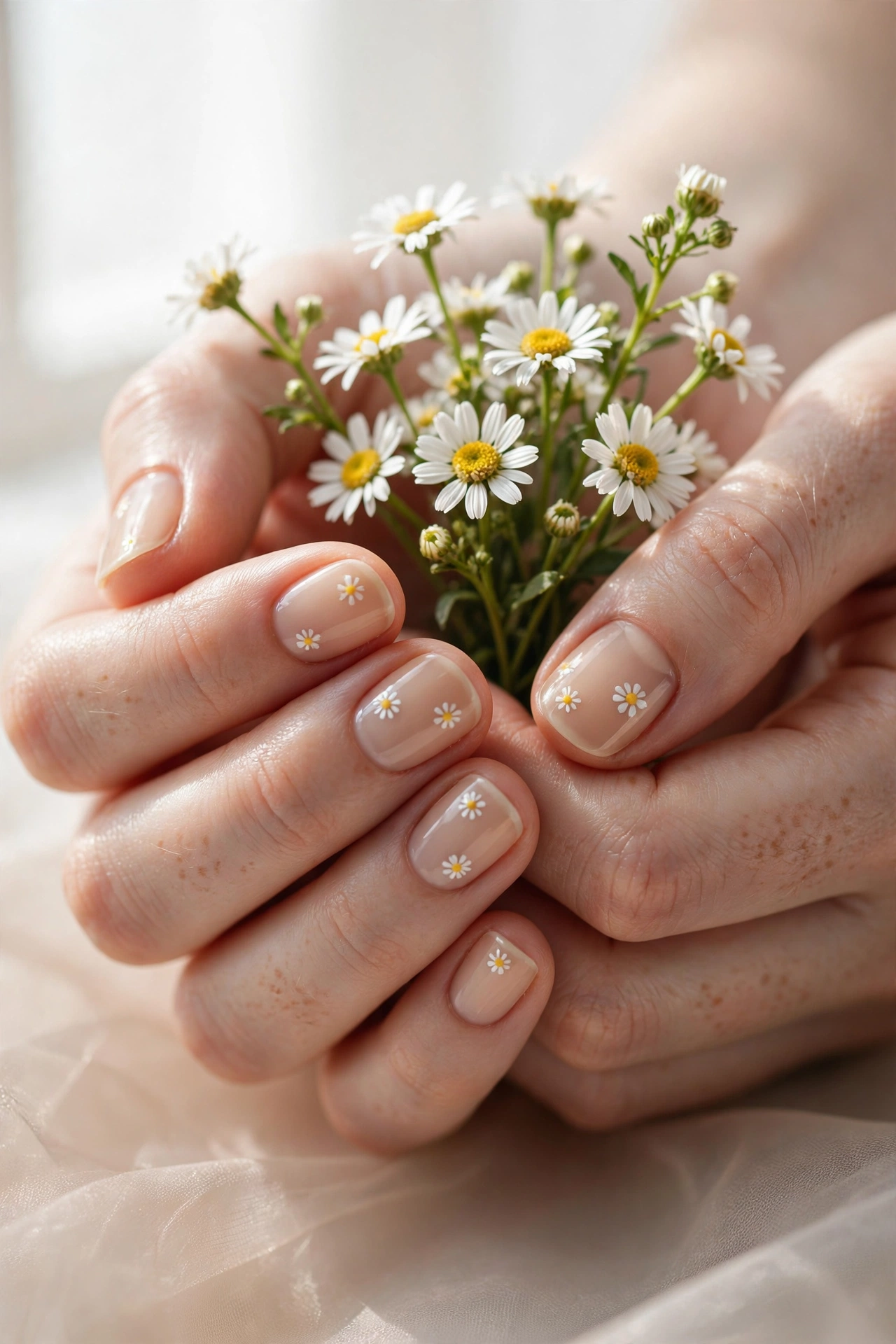 Minimal daisy summer nail designs, tiny white flowers on nude beige nails