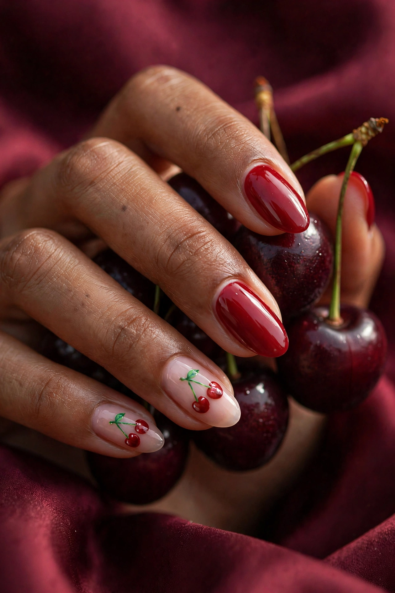 Cherry red summer nail designs with cherry fruit nail art, glossy red manicure