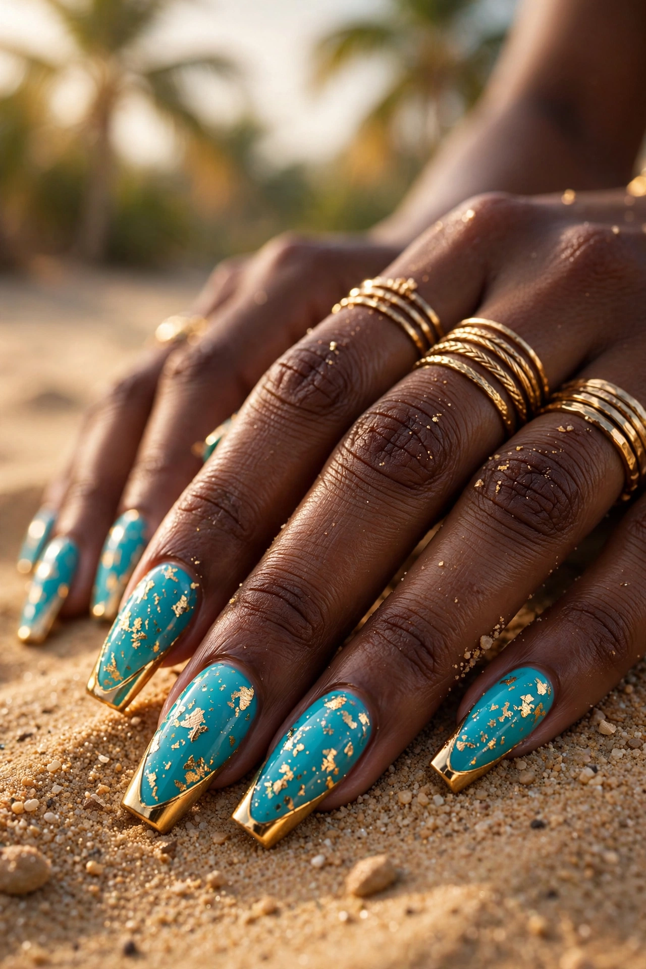 Turquoise and gold summer nail designs, tropical metallic accent manicure