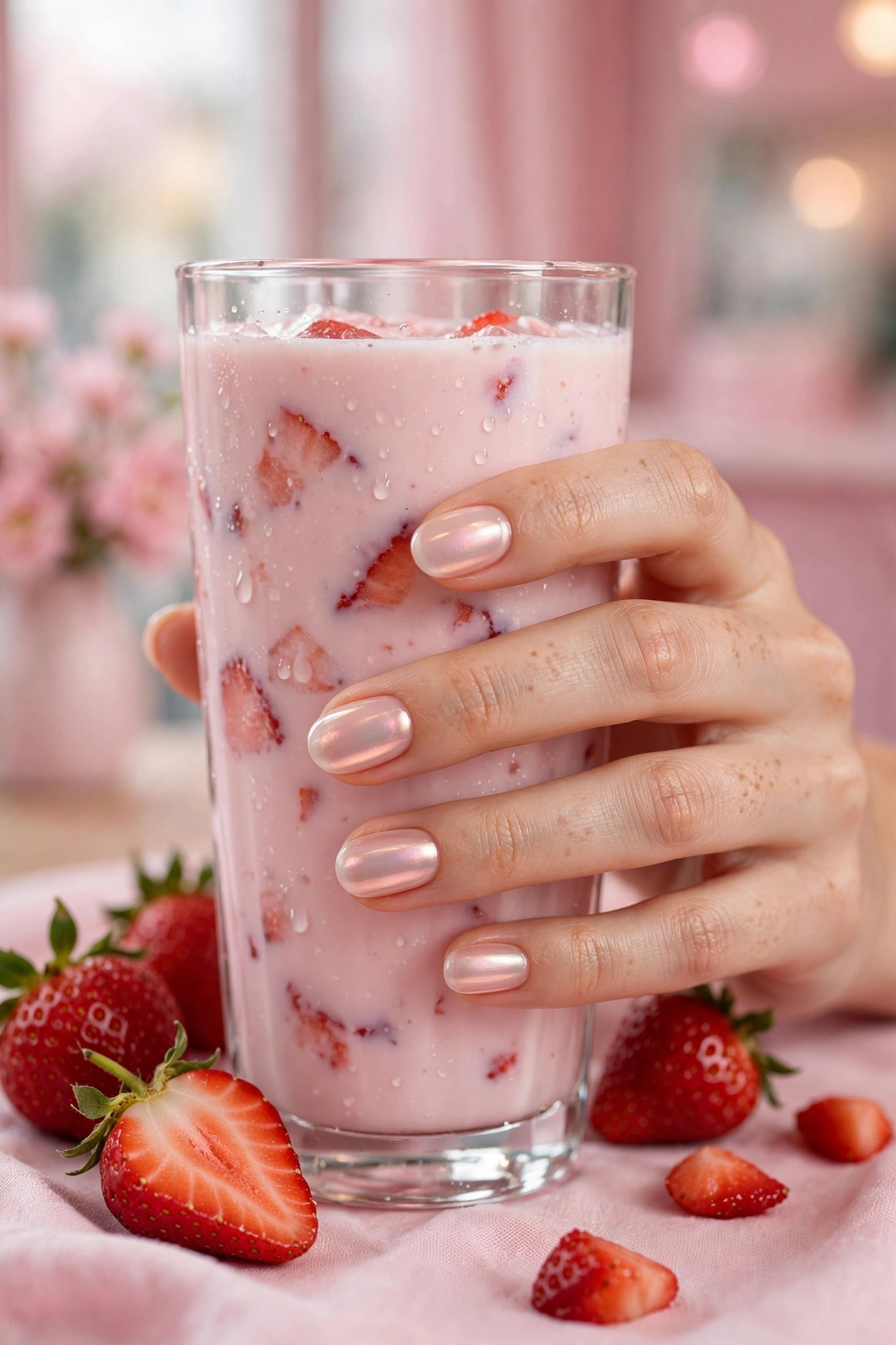 Strawberry milk glazed summer nail designs, sheer pink chrome manicure