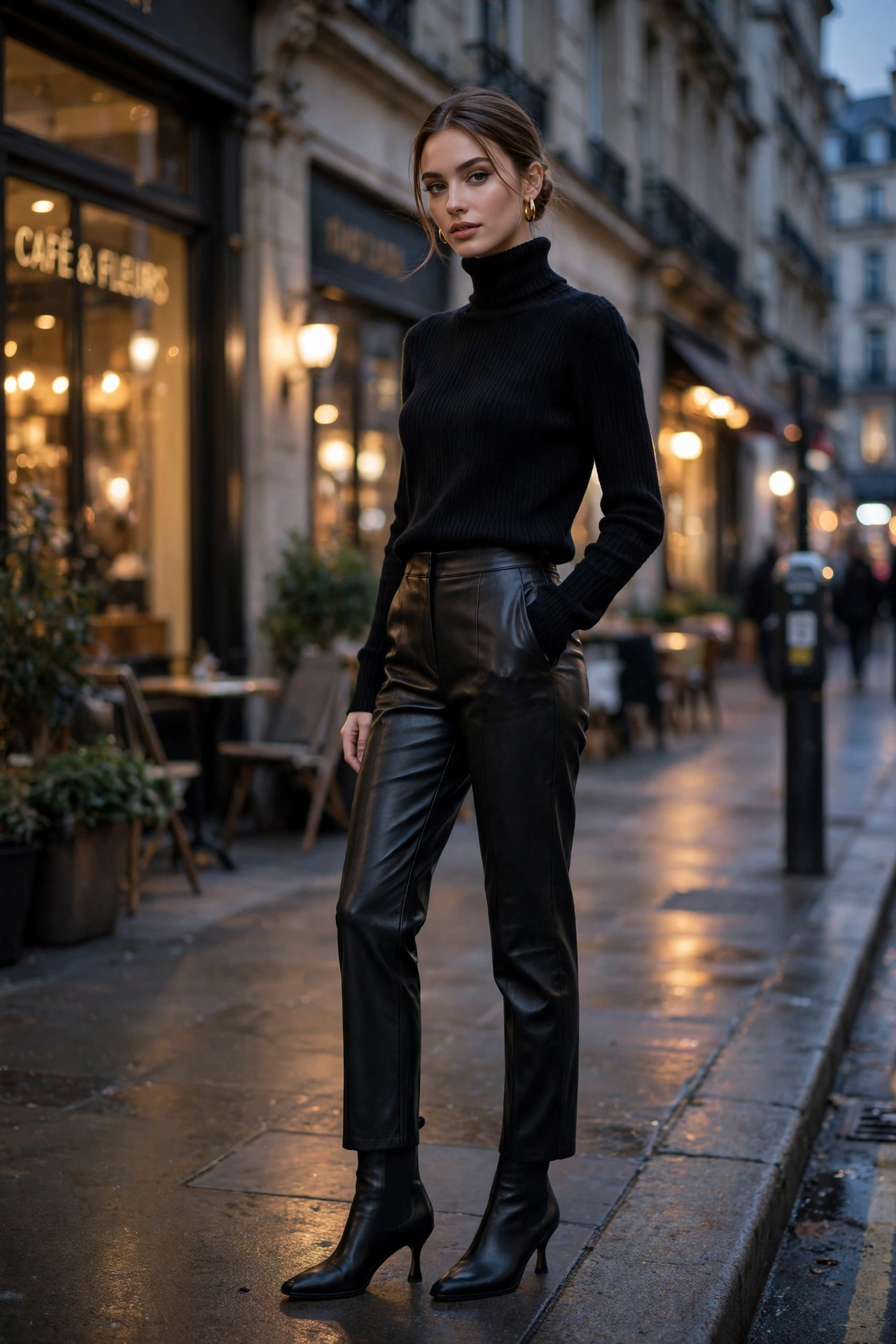 Black turtleneck sweater outfit ideas with leather trousers