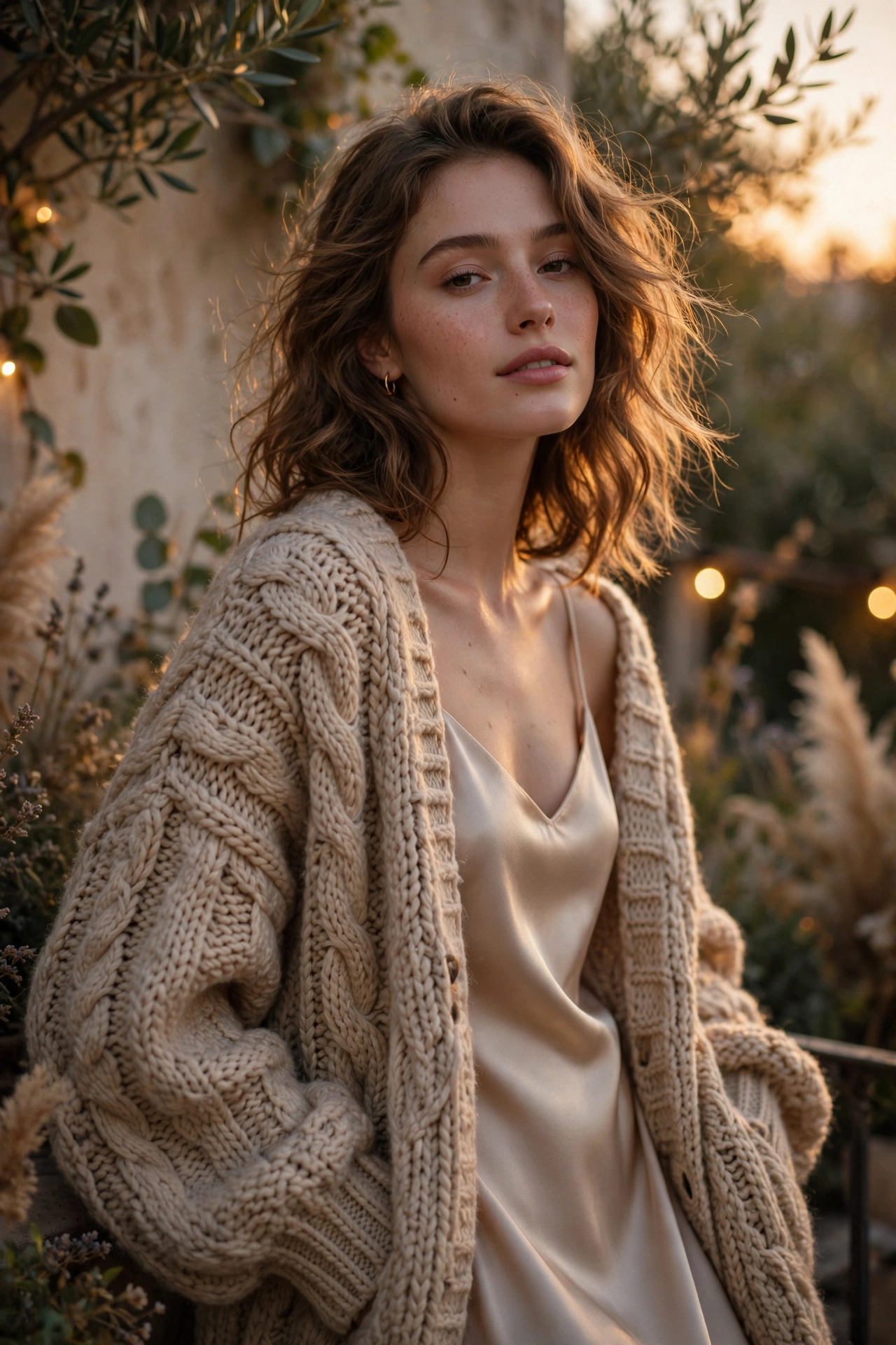 Oversized cardigan sweater outfit ideas layered over satin slip dress