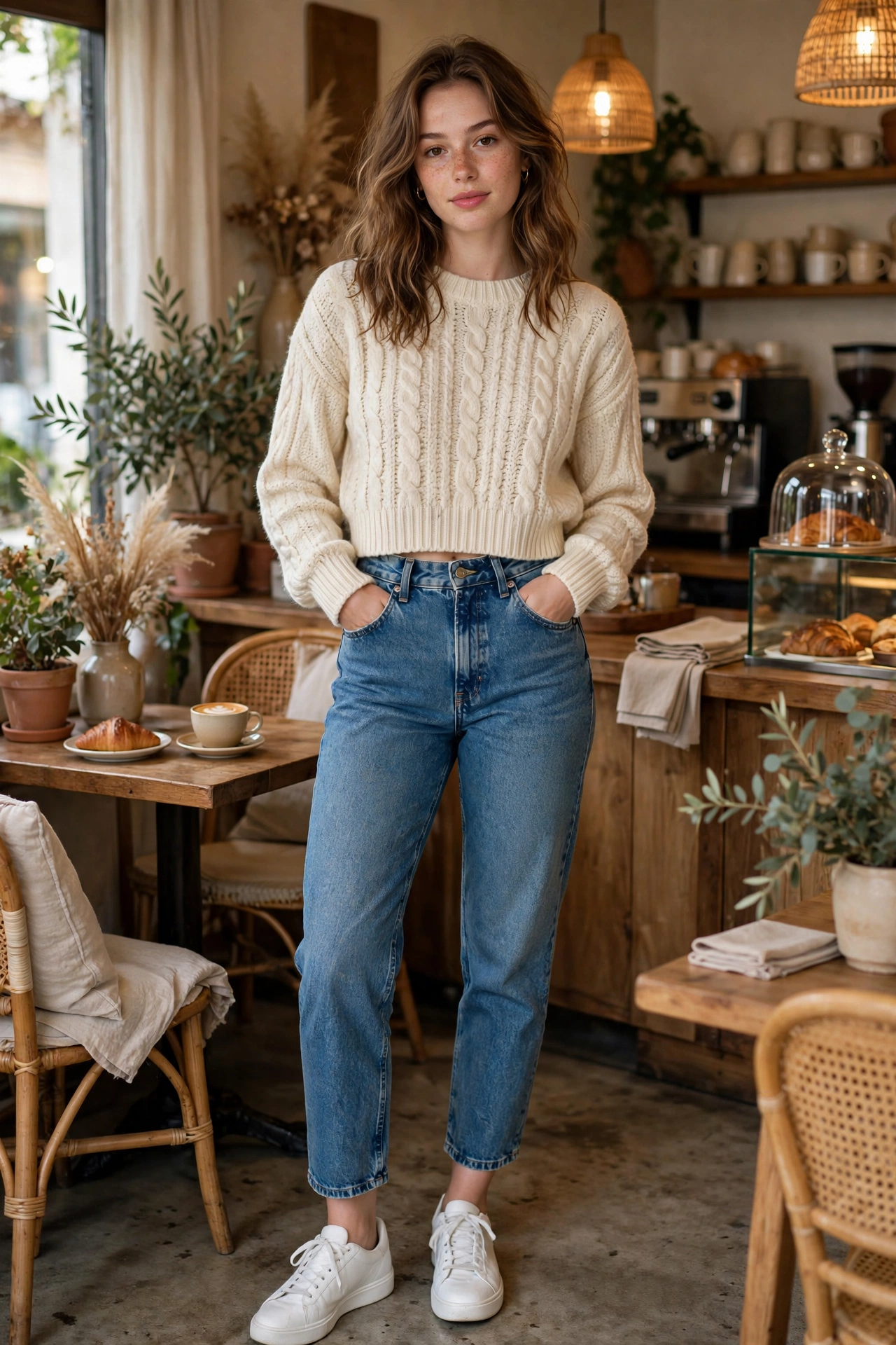 Cropped sweater outfit ideas with high-waisted mom jeans