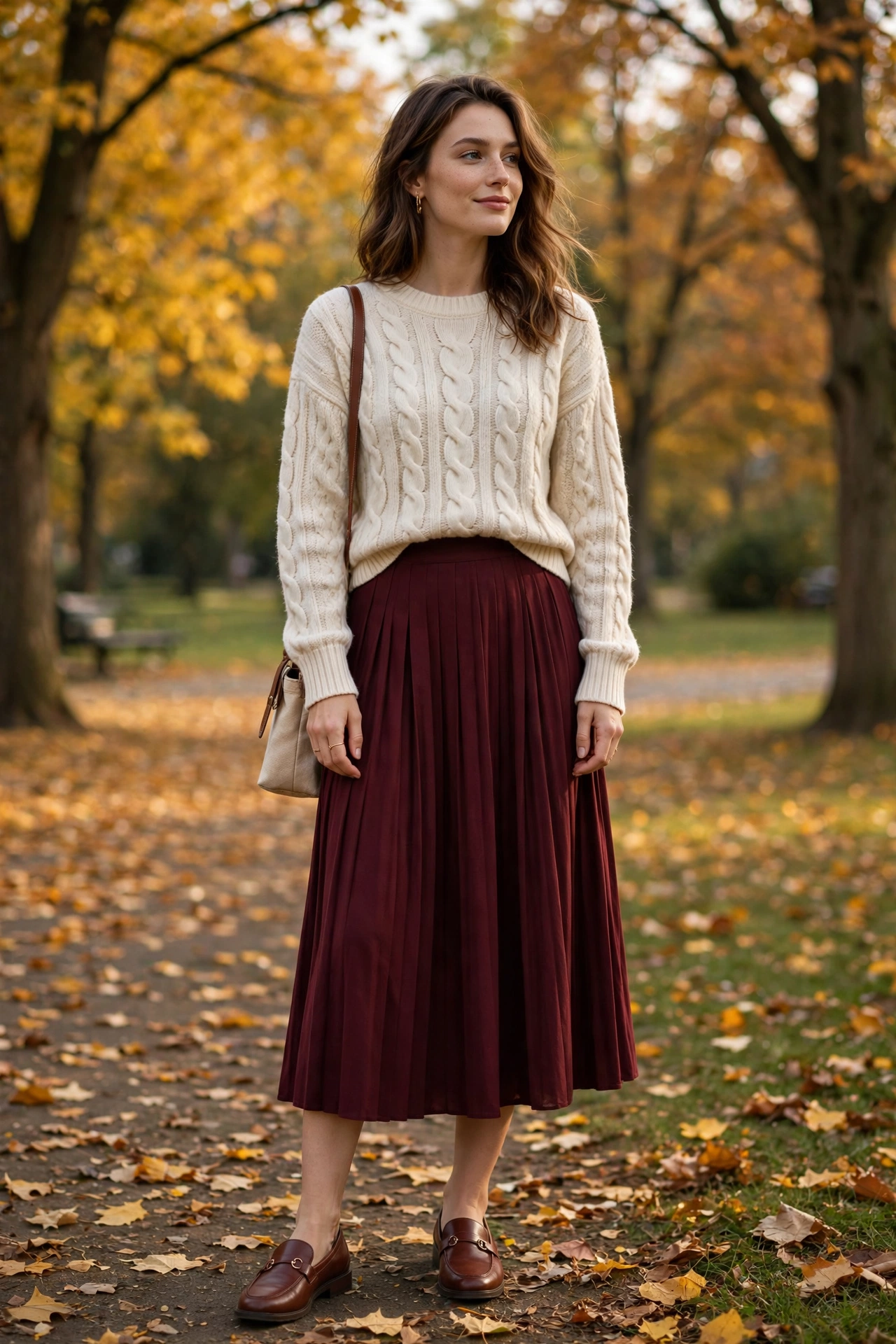 Cable knit sweater outfit ideas with pleated midi skirt