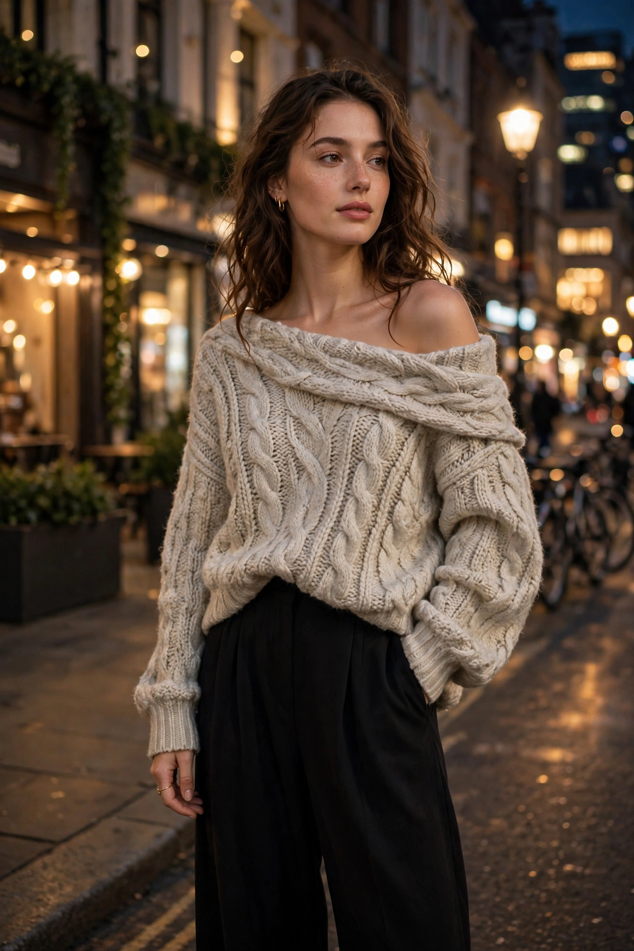 Off-shoulder sweater outfit ideas with wide-leg trousers