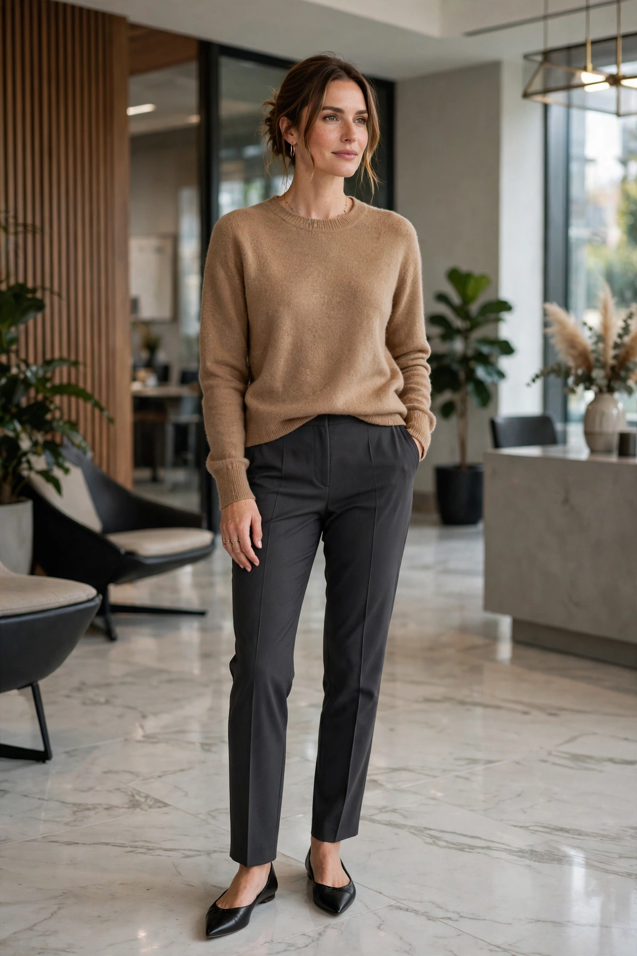 Cashmere sweater outfit ideas with tailored camel trousers