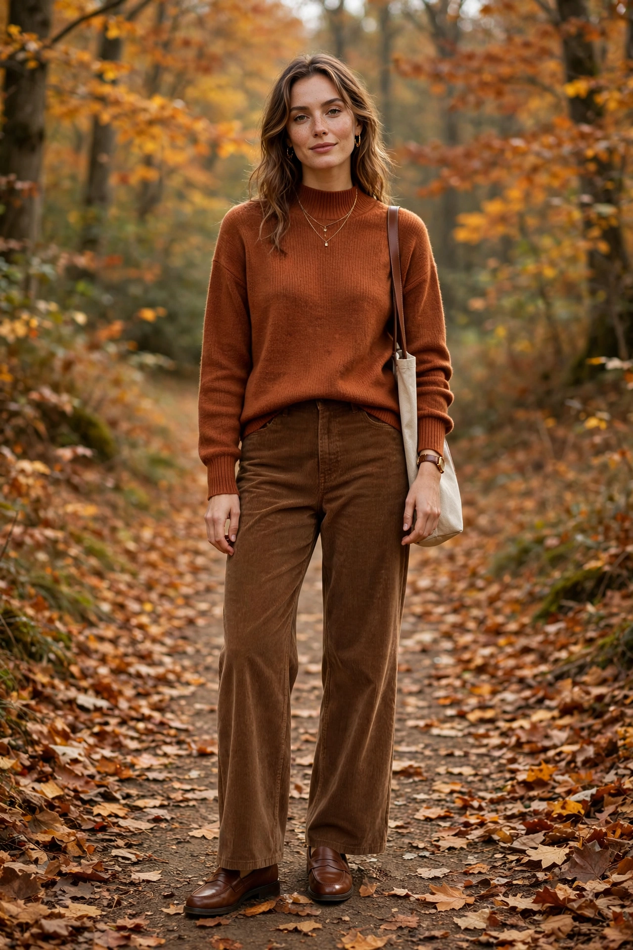 Mock neck sweater outfit ideas with brown corduroy pants