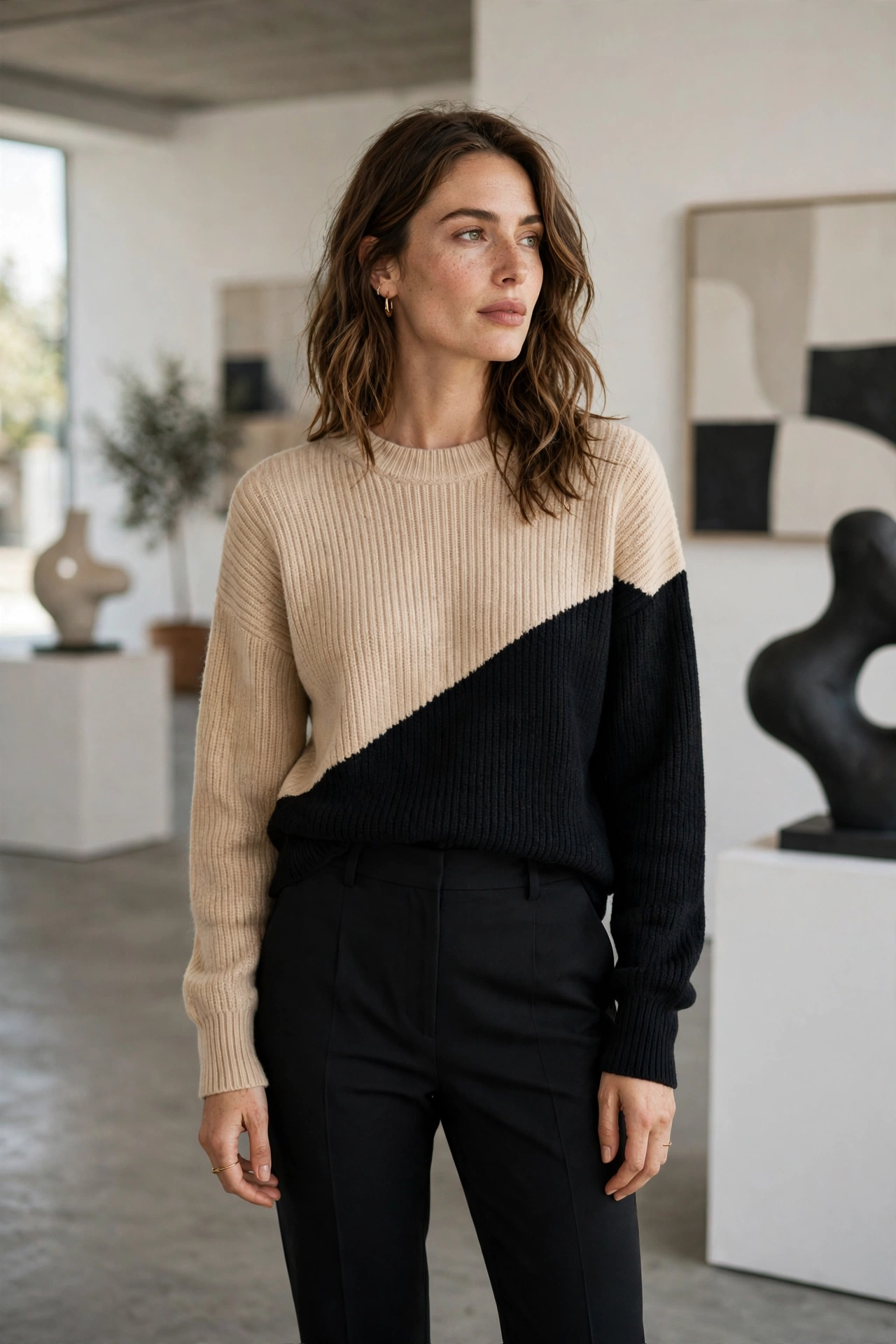 Color-block sweater outfit ideas with black tailored trousers