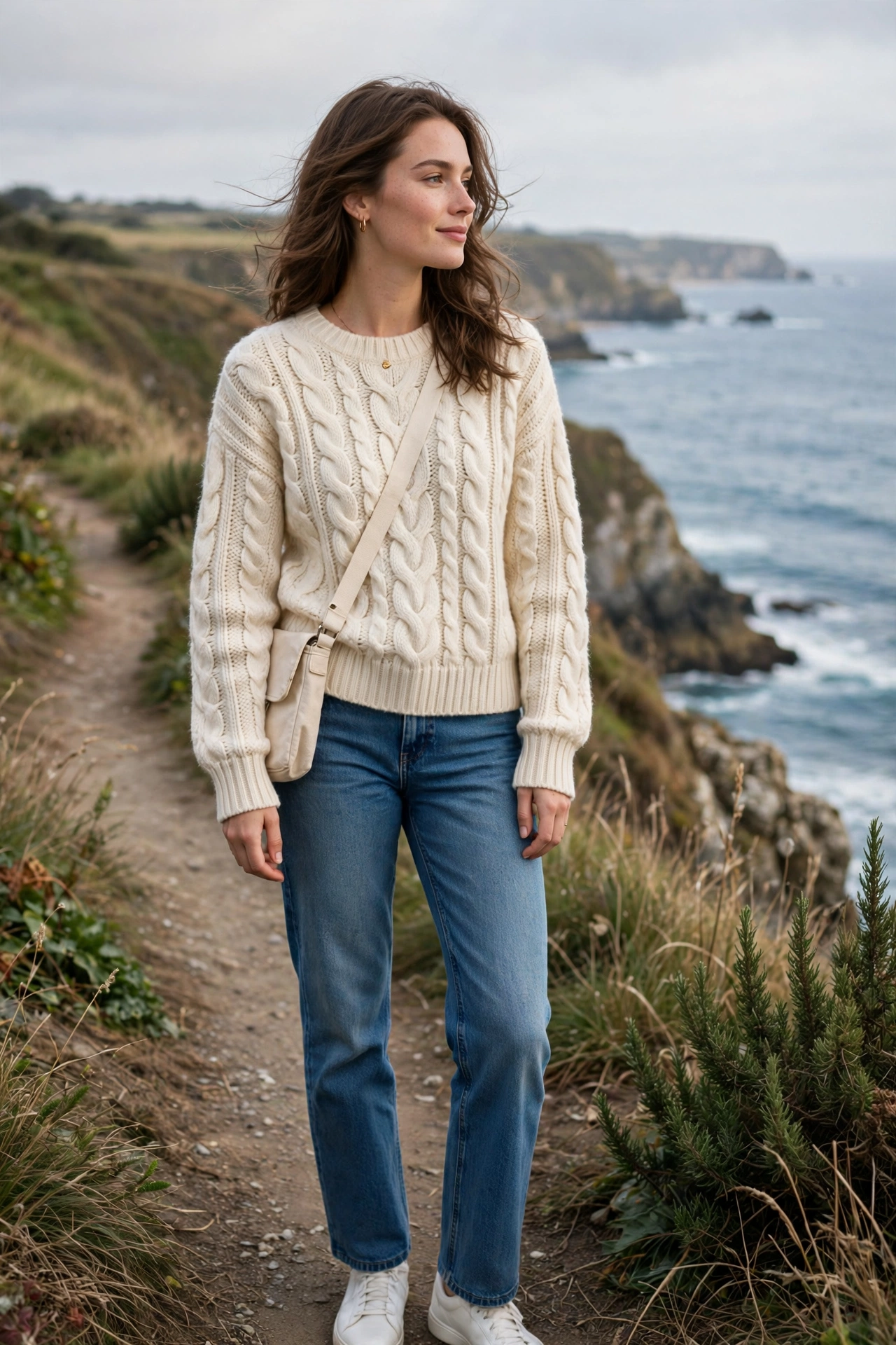 Classic fisherman sweater outfit ideas with straight-leg jeans