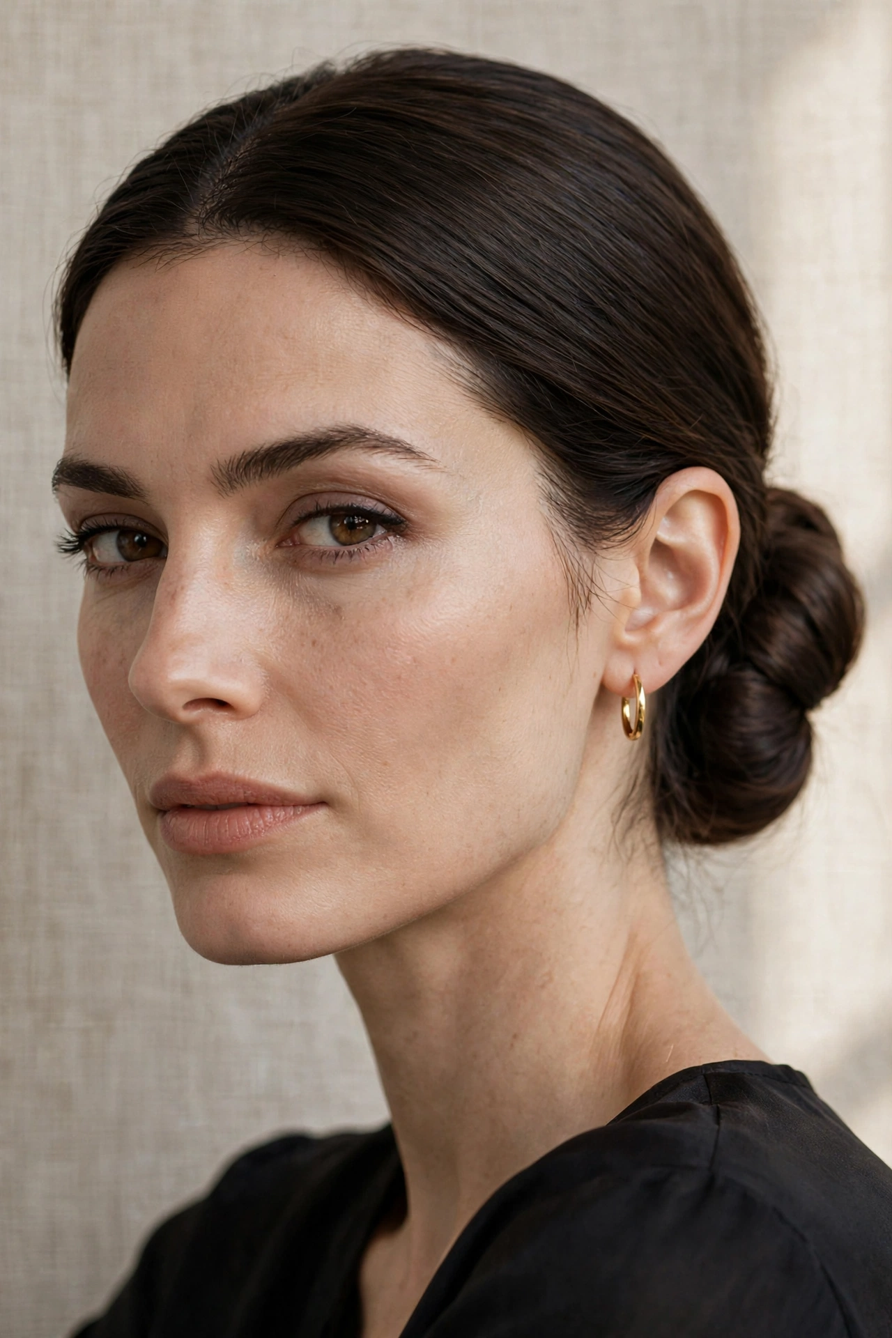 Classic low chignon updo hairstyles on smooth brunette hair
