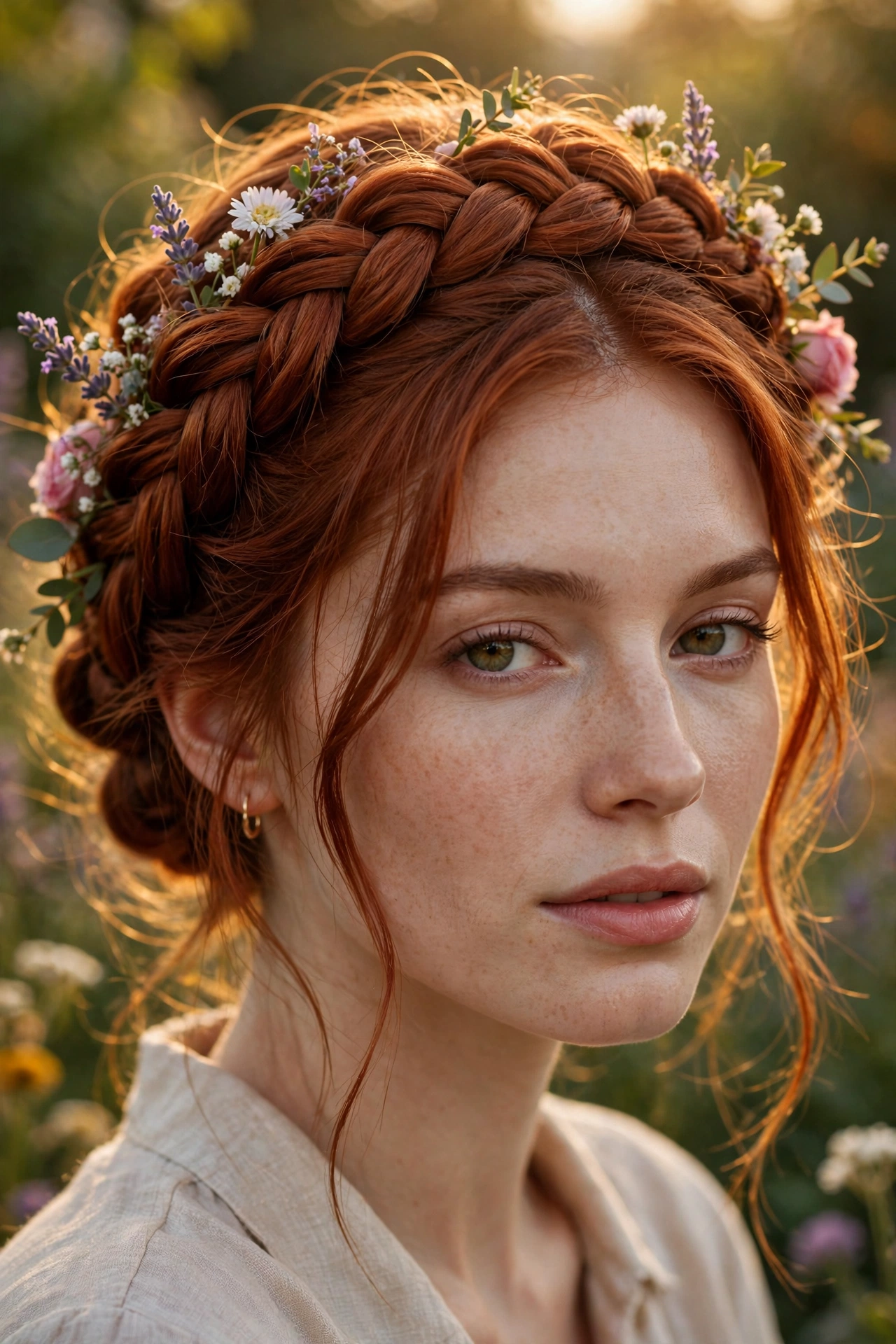 Braided crown updo hairstyles circling the head on auburn hair