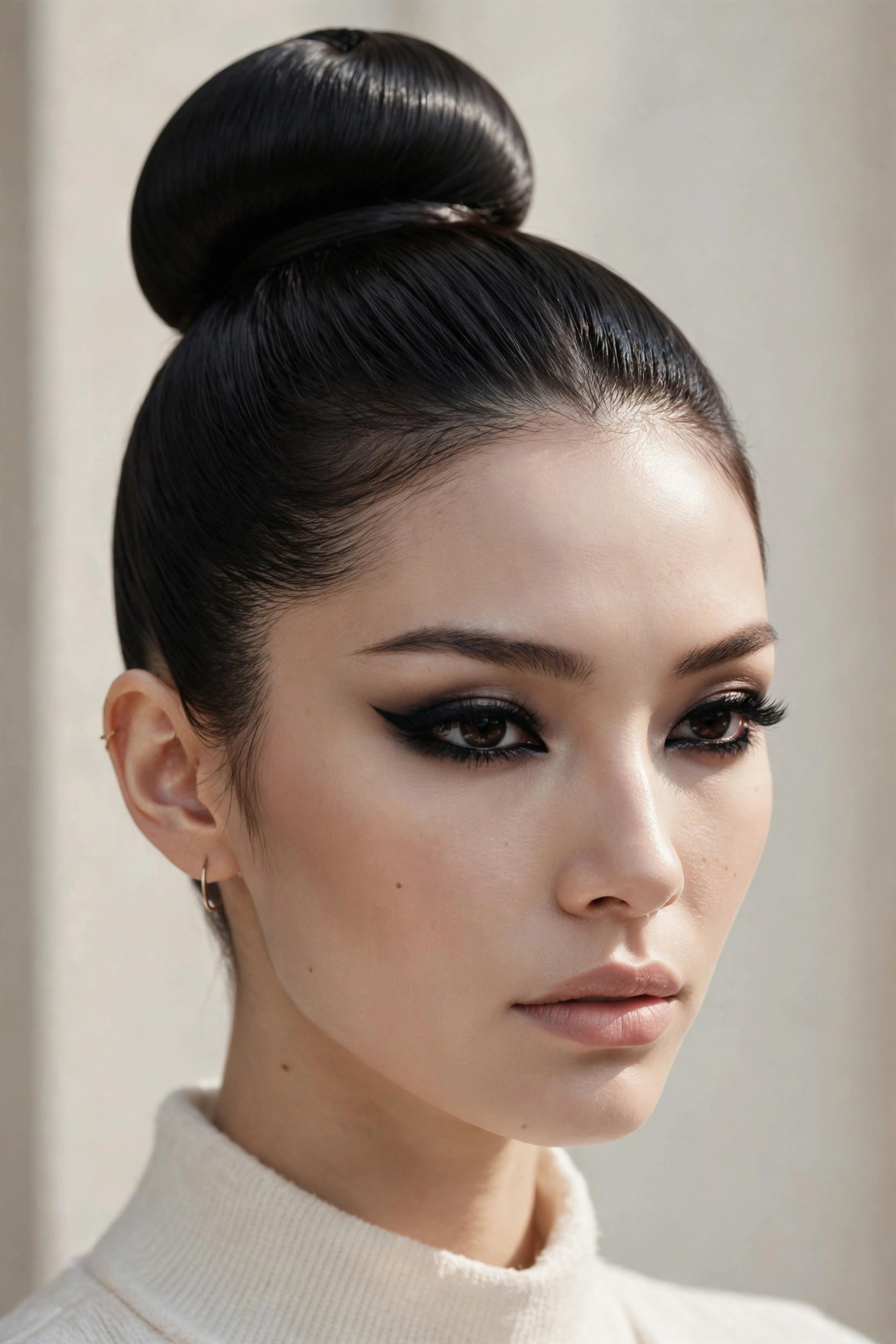 Sleek ballerina bun updo hairstyles on dark glossy hair